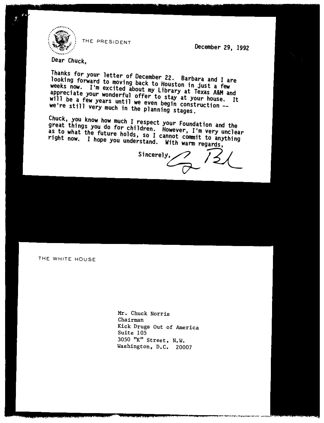 Chuck Norris to President and Mrs. Bush wishing them a wonderful Christmas, discussing his ranch in Navasota, TX and inviting them to become more involved with his Foundation