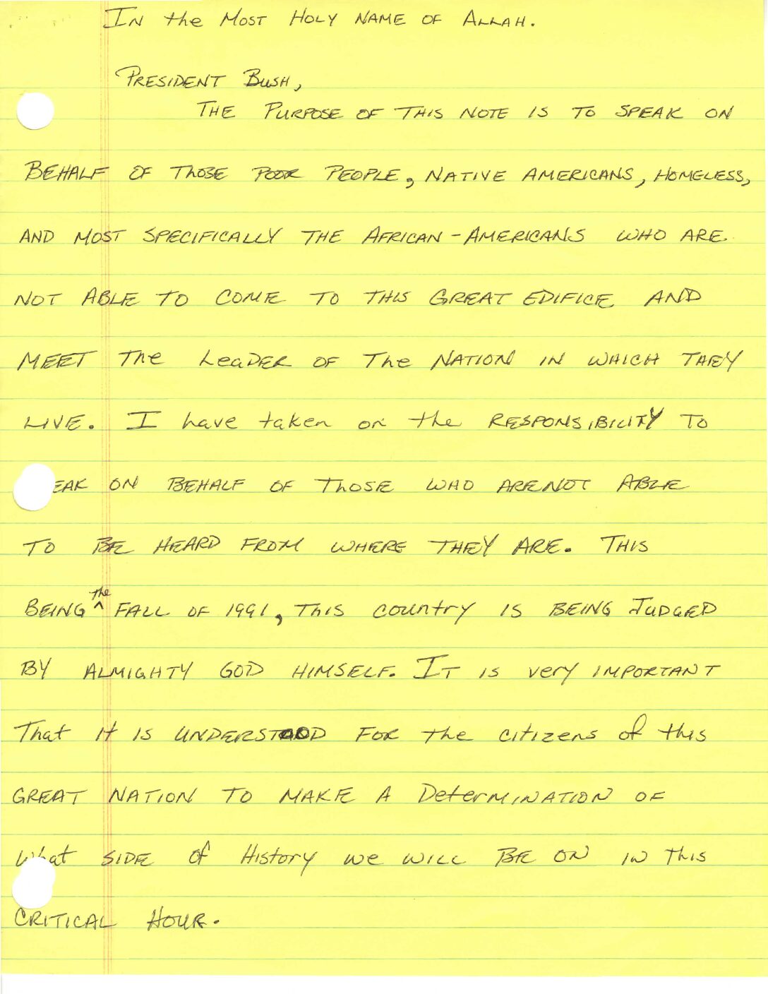 Chicago Bulls player Craig Hodges to President Bush regarding state of the African-American Community in America