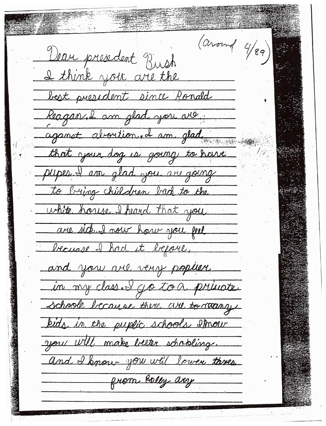 Letter from Kelly Avery to President Bush praising him at the best President since Ronald Reagan