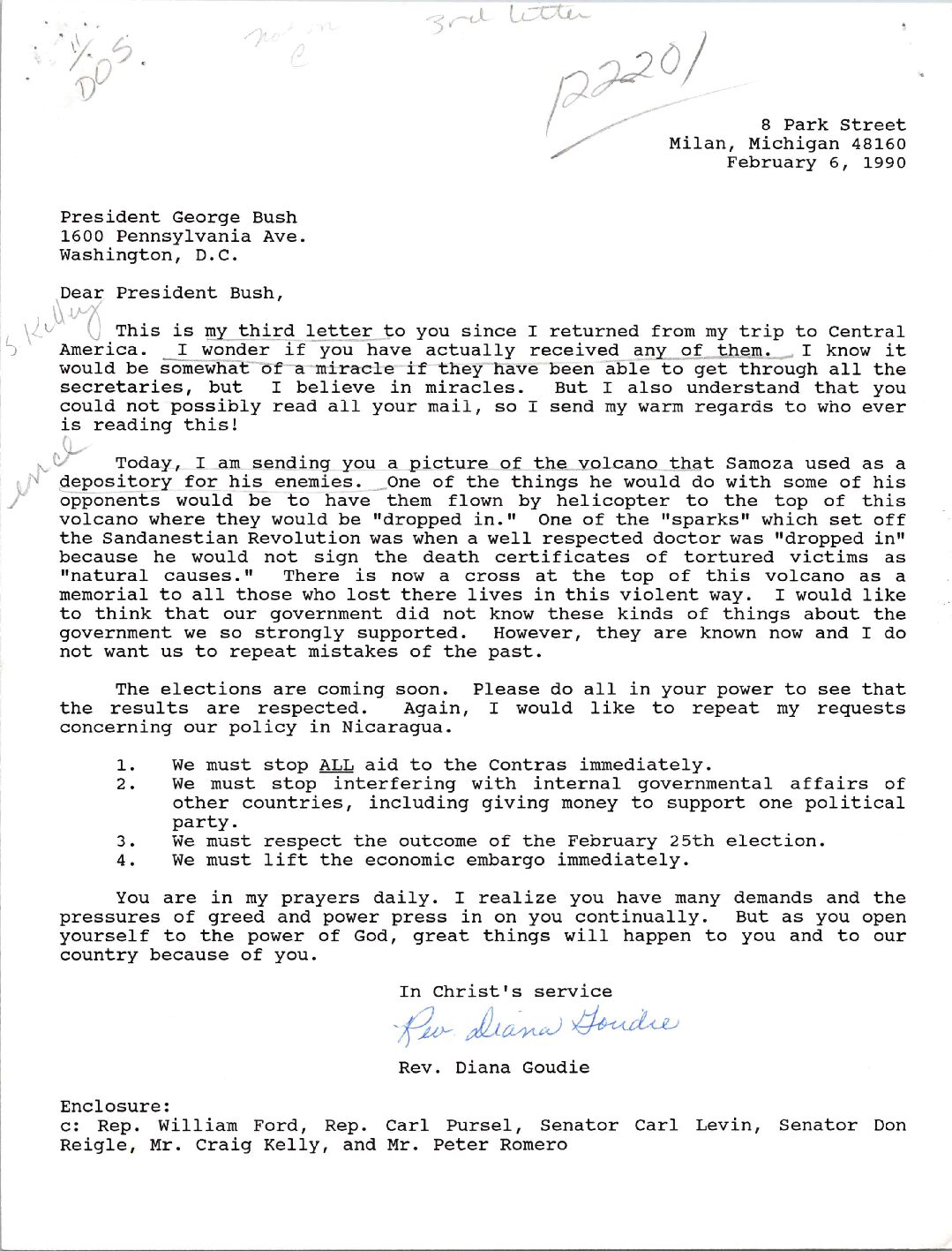 Letter from Reverend Diana Goudie to President Bush asking he ensure elections in Nicaragua are respected and to stop all aid to Contras