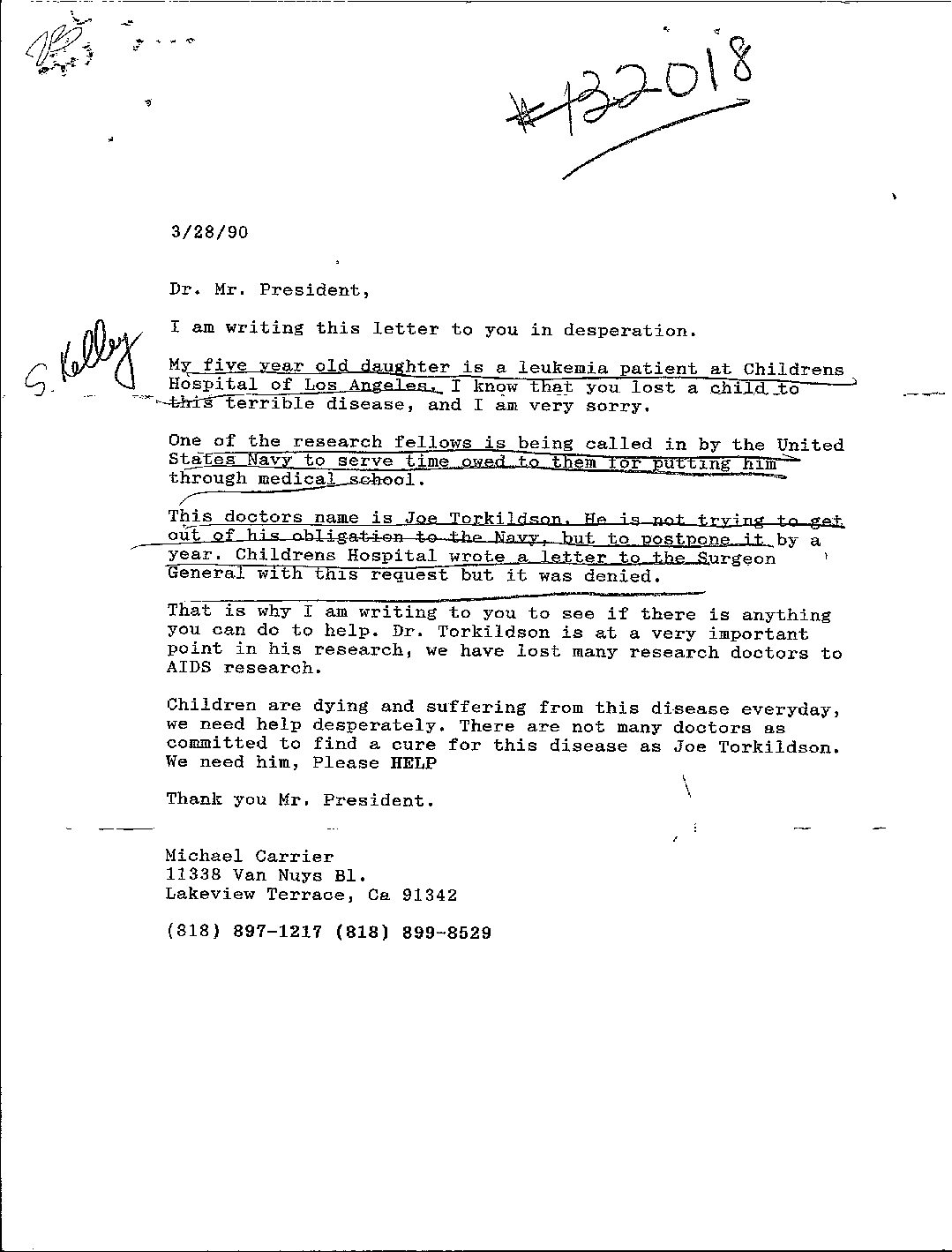 Letter from Michael Carrier, father of 5-year old daughter with leukemia, to President Bush asking for him to postpone required naval service of research doctor who is at critical juncture of his research project on leukemia