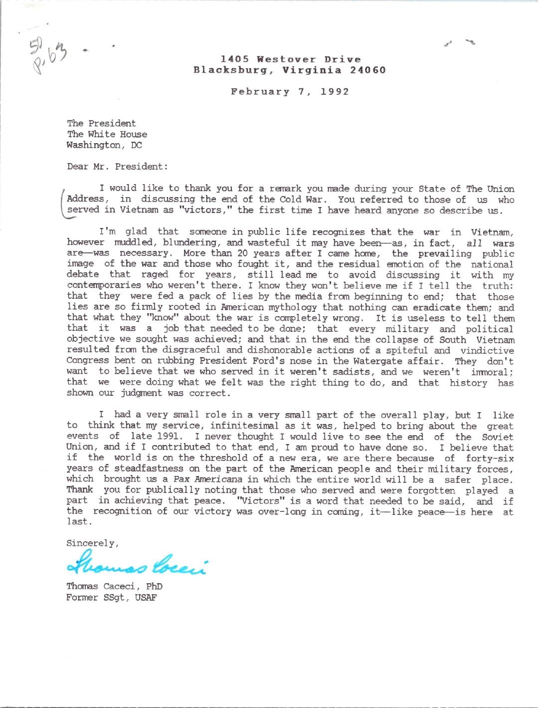 Vietnam Air Force Veteran Thomas Caceci to President Bush thanking him for his positive remarks during the State of the Union address and his part in ending the Cold War