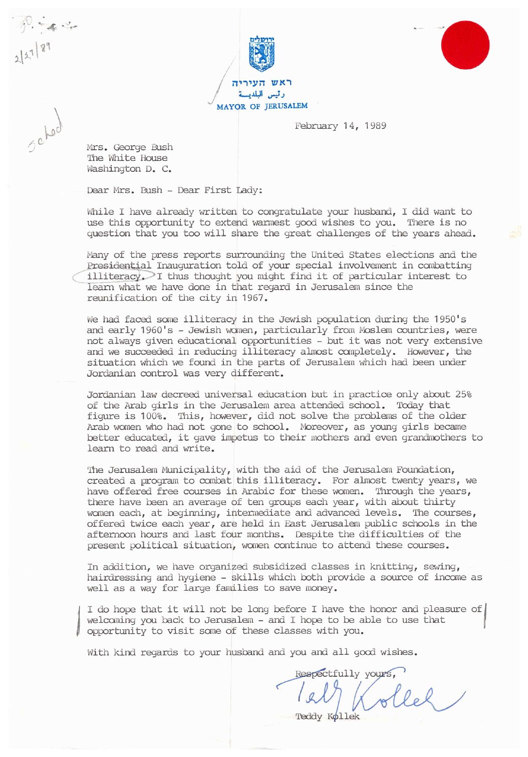 Mayor of Jerusalem Teddy Kollek to Mrs. Bush regarding illiteracy in Jerusalem