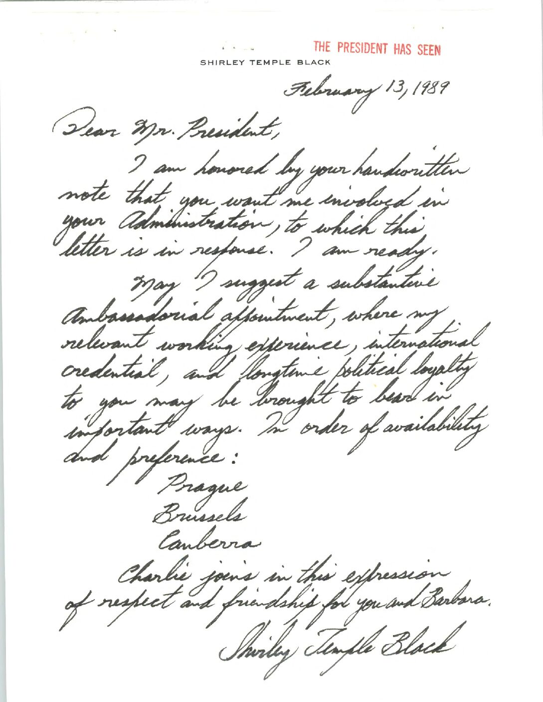 Shirley Temple Black to President Bush thanking him for an opportunity to serve in his administration