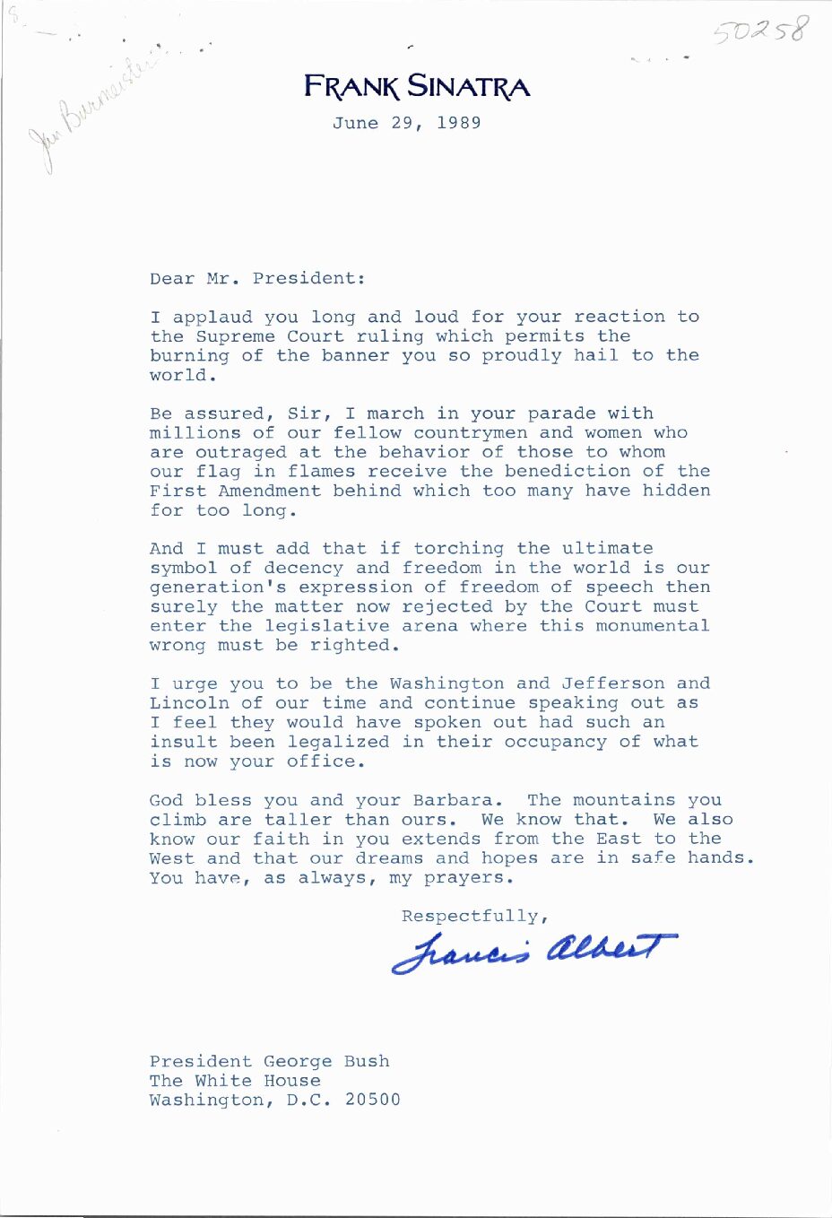 Frank Sinatra to President Bush supporting his comments against the Supreme Court’s flag burning ruling