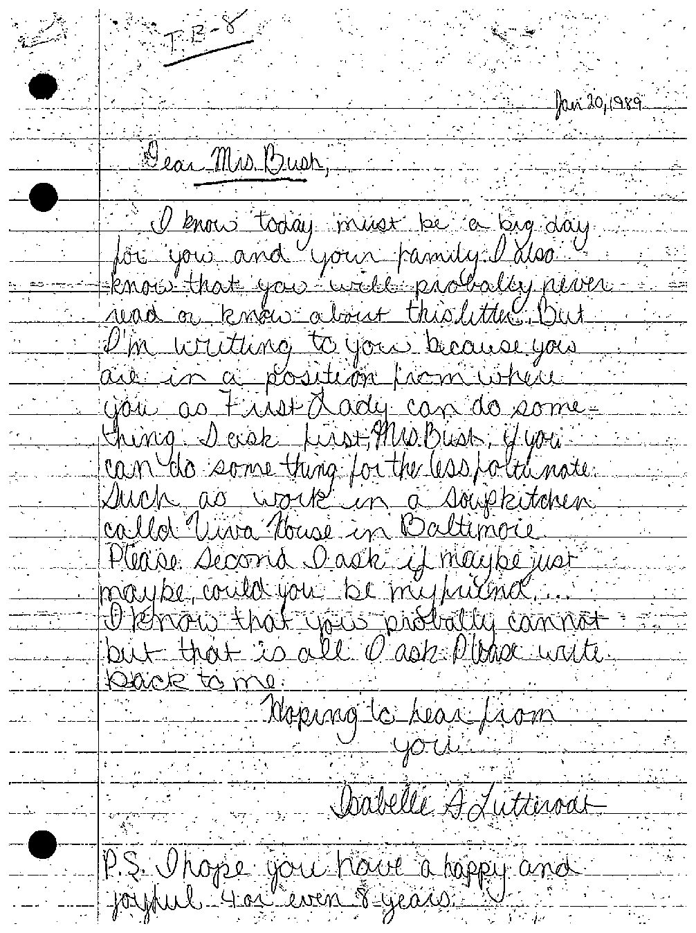 Letter from Isabelle Luttinroot to Mrs. Bush requesting she do something for less fortunate and if she would be her friend