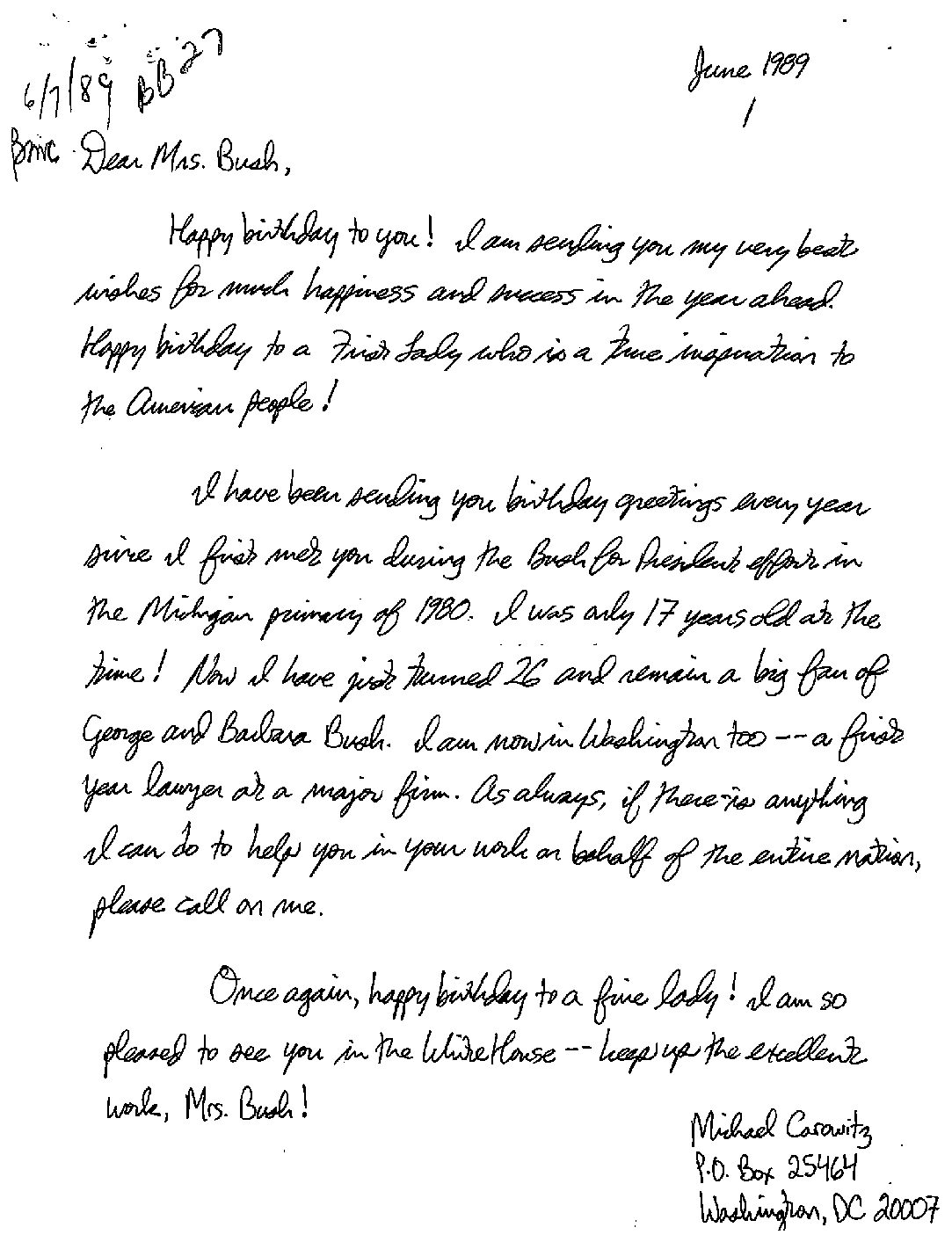 Letter from Michael Carowitz to Mrs. Bush wishing her a happy birthday, a tradition he has maintained since he met her in 1980 when he was just 17-years old