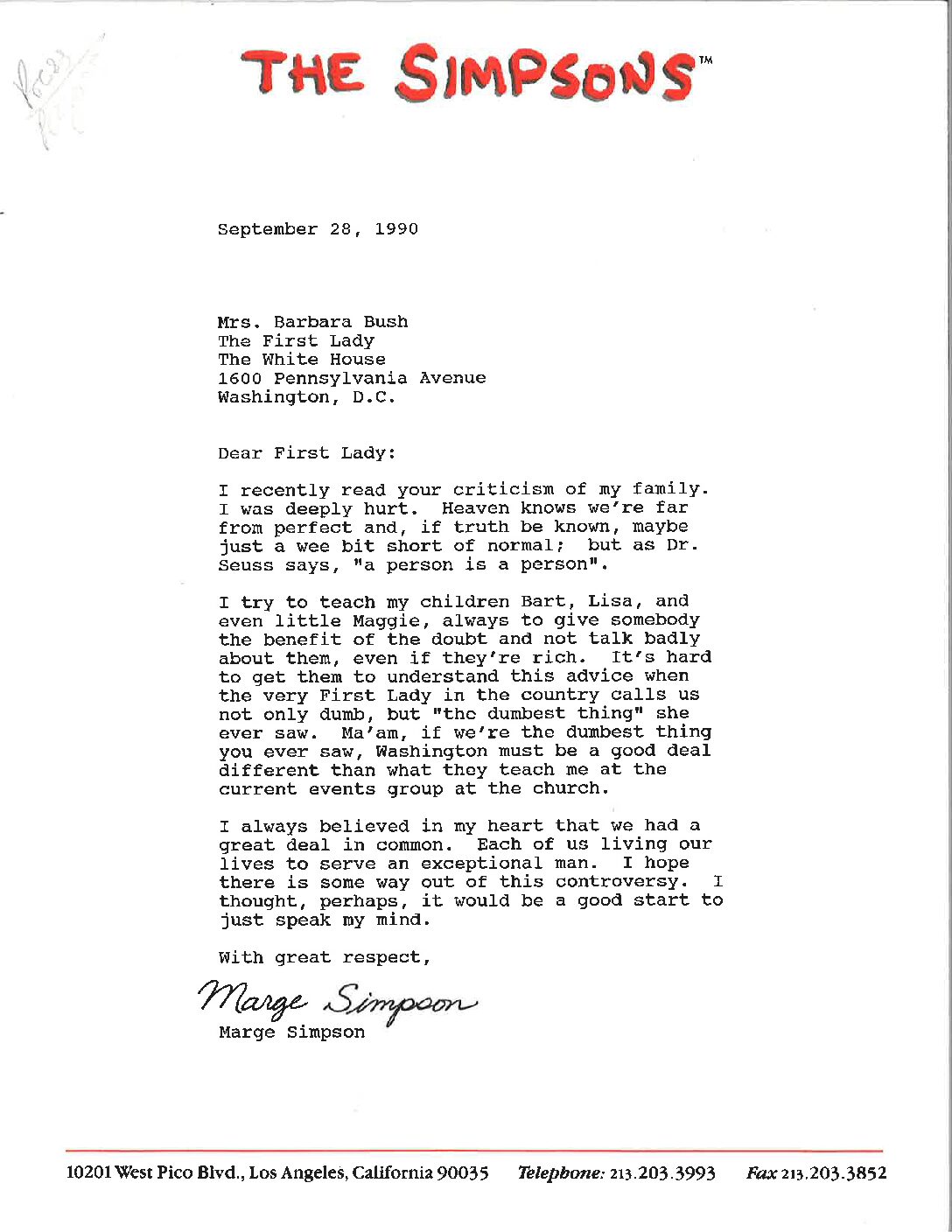 Marge Simpson to Mrs. Bush addressed Mrs. Bush’s criticism of her family accompanied by Mrs. Bush’s response to Marge Simpson