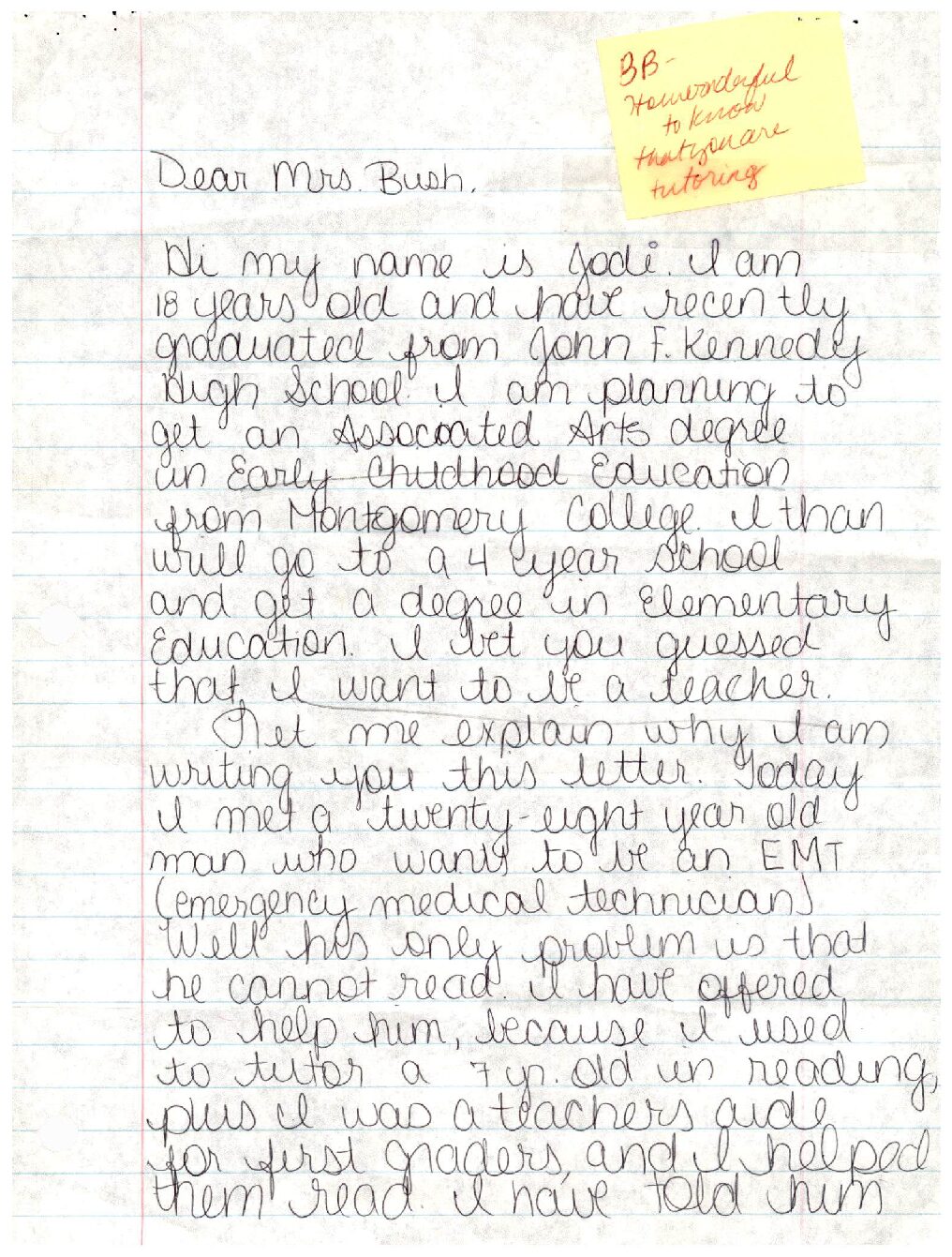 Letter from recent high school graduate Jodi Brenner to Mrs. Bush asking for some “pointers” on tutoring those who cannot read