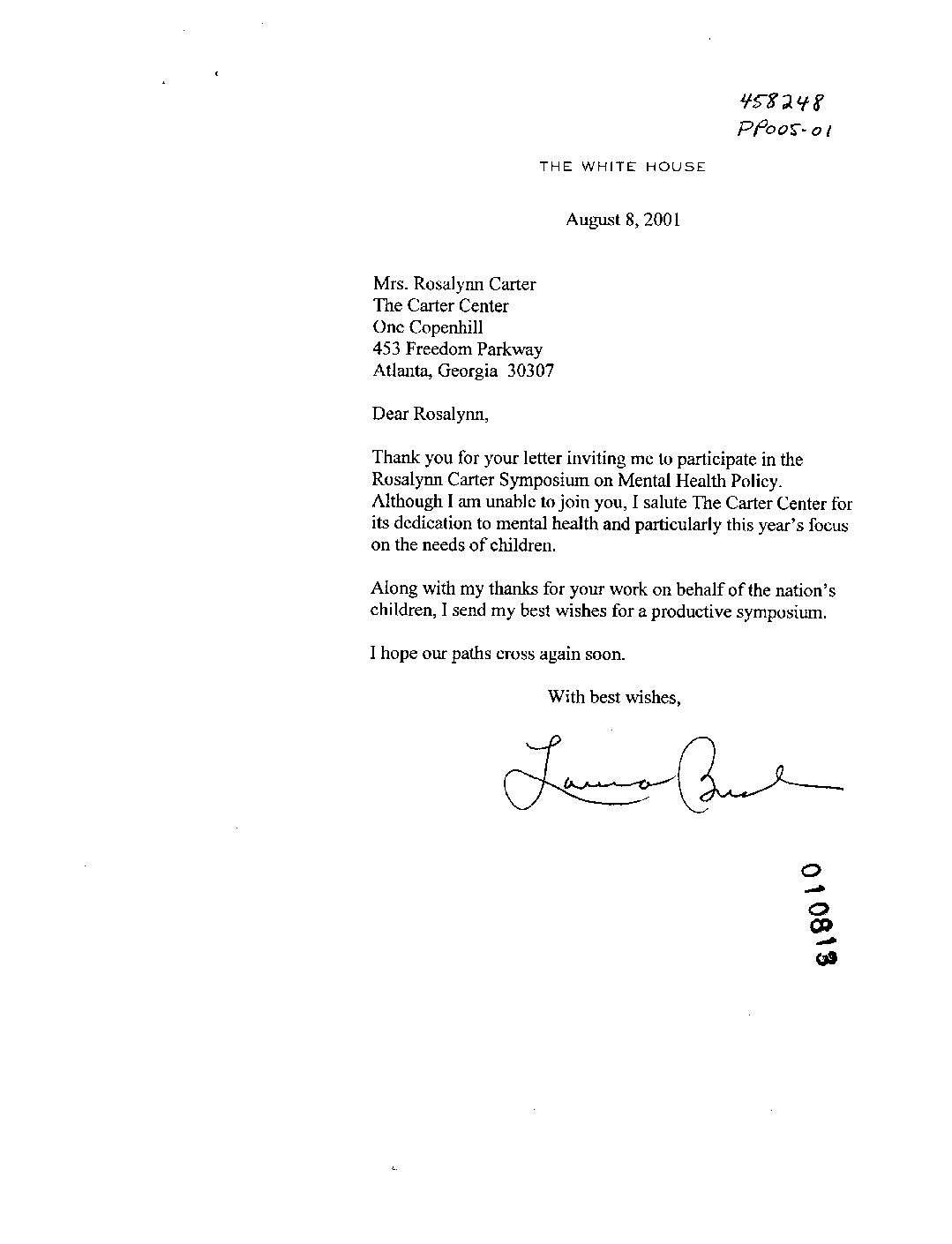 Letter to former First Lady Roslynn Carter from First Lady Laura Bush