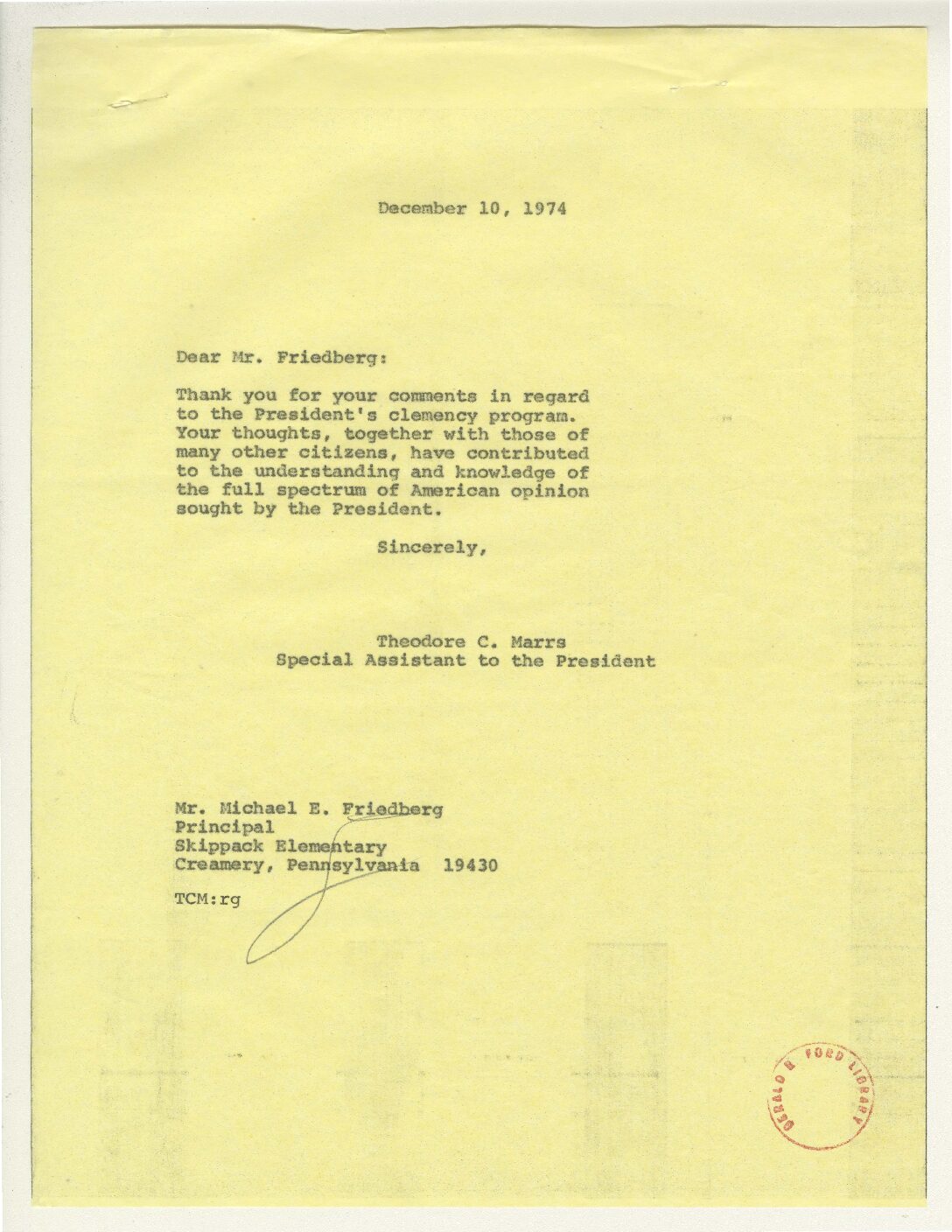 Letter from Principal Michael E. Friedberg to President Gerald R. Ford Expressing His Views on the President’s Clemency Program and the Nomination of Nelson Rockefeller as Vice President of the United States