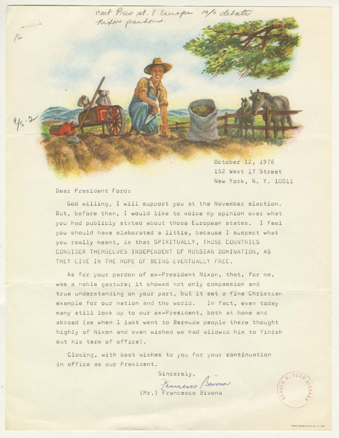 Letter from Francesco Bivona to President Gerald Ford about the 1976 Presidential Election Campaign and the Pardon of President Richard Nixon