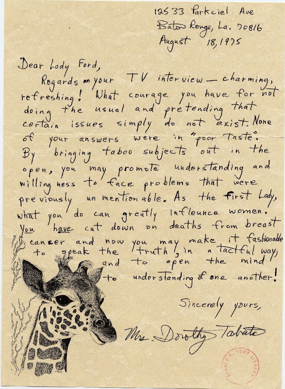 Letter from Dorothy Tabata of Baton Rouge, Louisiana, Expressing Her Views on First Lady Betty Ford’s “60 Minutes” Interview