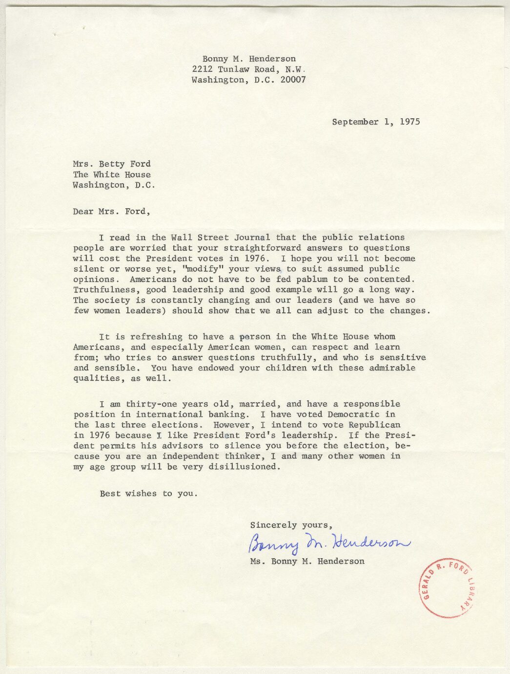 Letter from Bonny M. Henderson Expressing Her Views on First Lady Betty Ford’s “60 Minutes” Interview