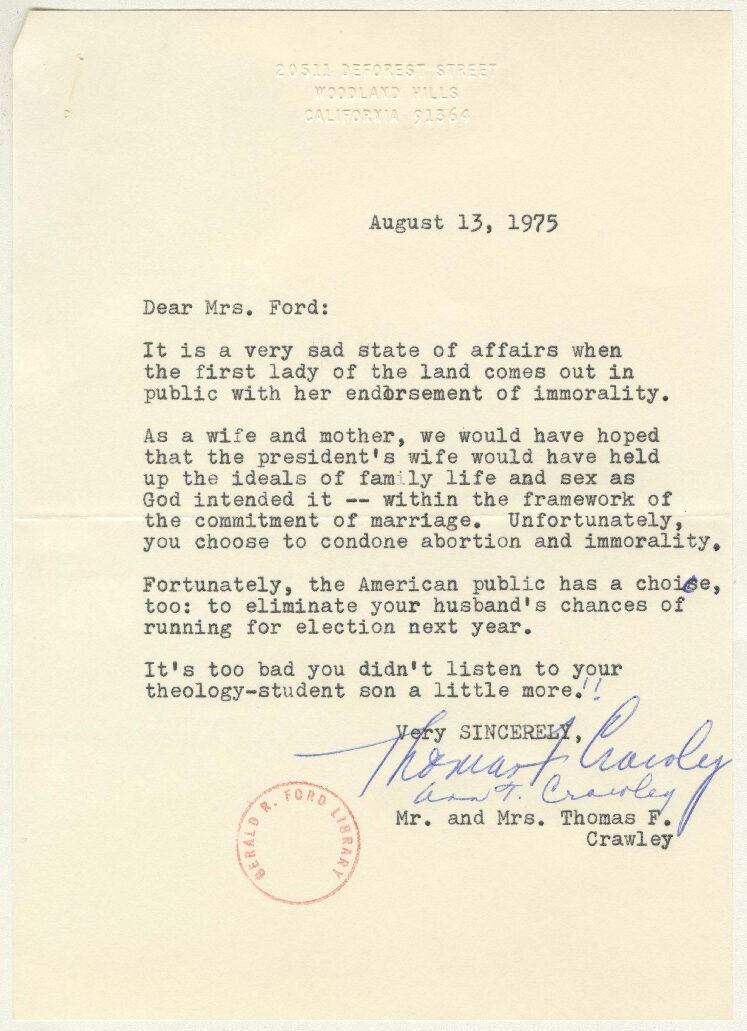 Letter from Thomas F. and Ann Crawley Expressing Their Views on First Lady Betty Ford’s “60 Minutes” Interview