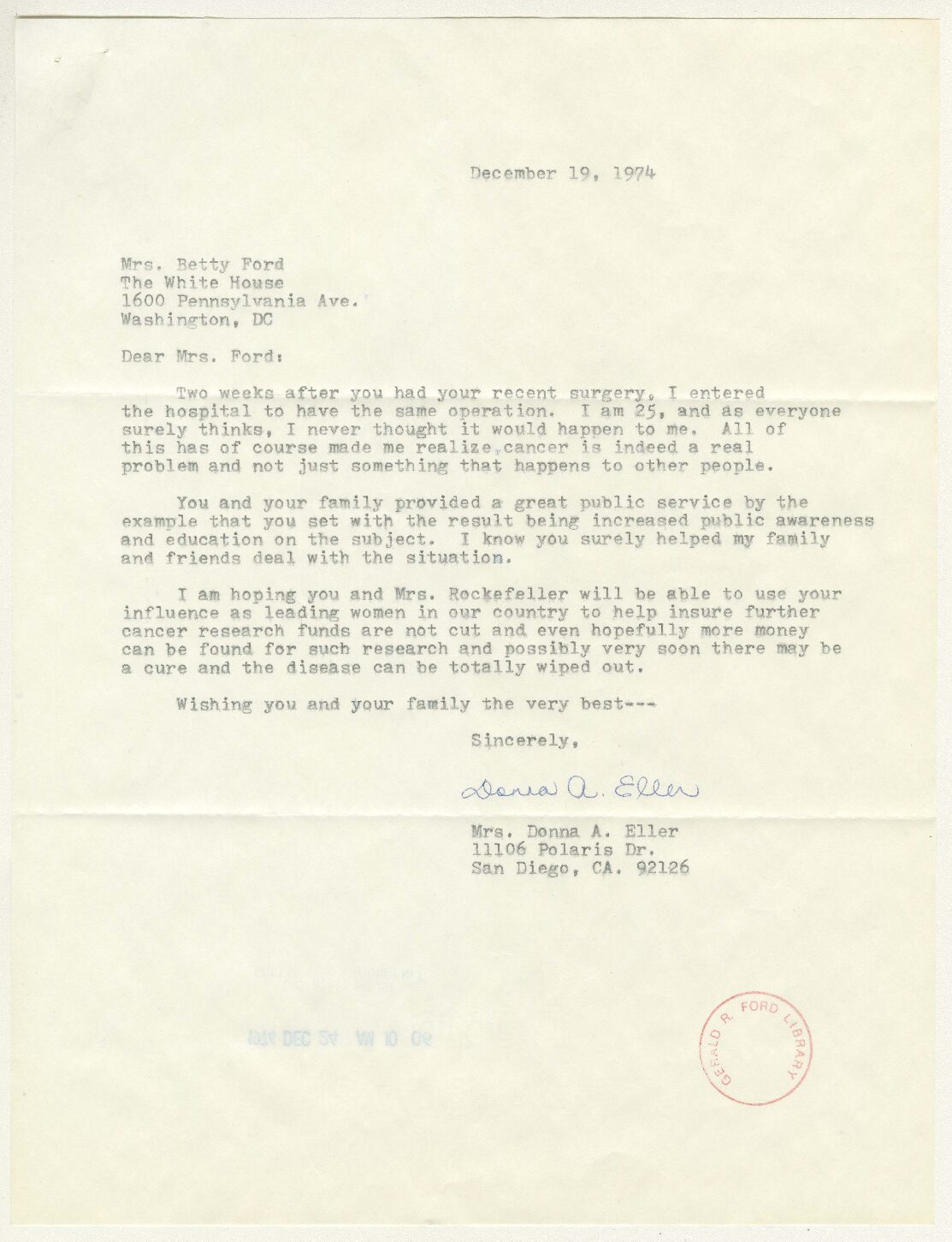 Letter from Mrs. Donna A. Eller to First Lady Betty Ford Regarding Her Breast Cancer Advocacy