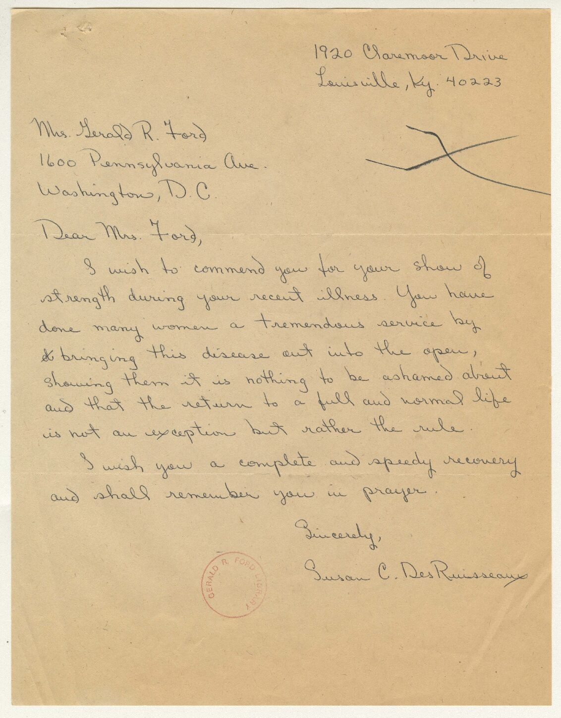 Letter from Susan C. Des Ruisseaux of Louisville, Kentucky, to First Lady Betty Ford Regarding Her Breast Cancer Advocacy