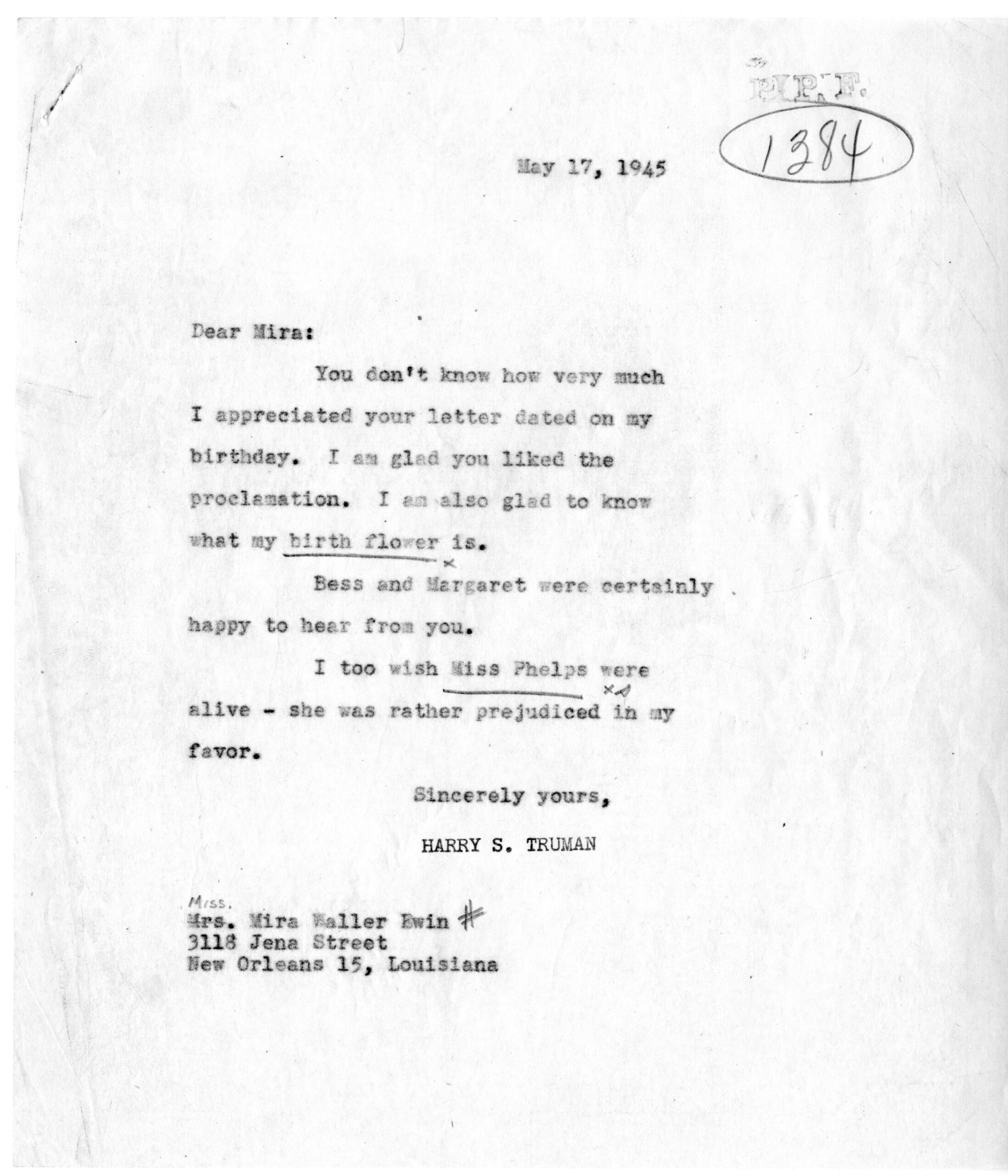 Correspondence Between President Harry S. Truman and Mira Ewin
