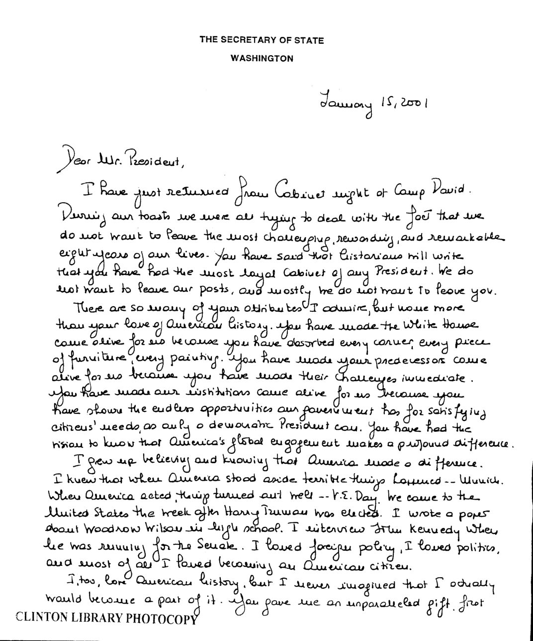 Madeline Albright to President Clinton re: Farewell Letter