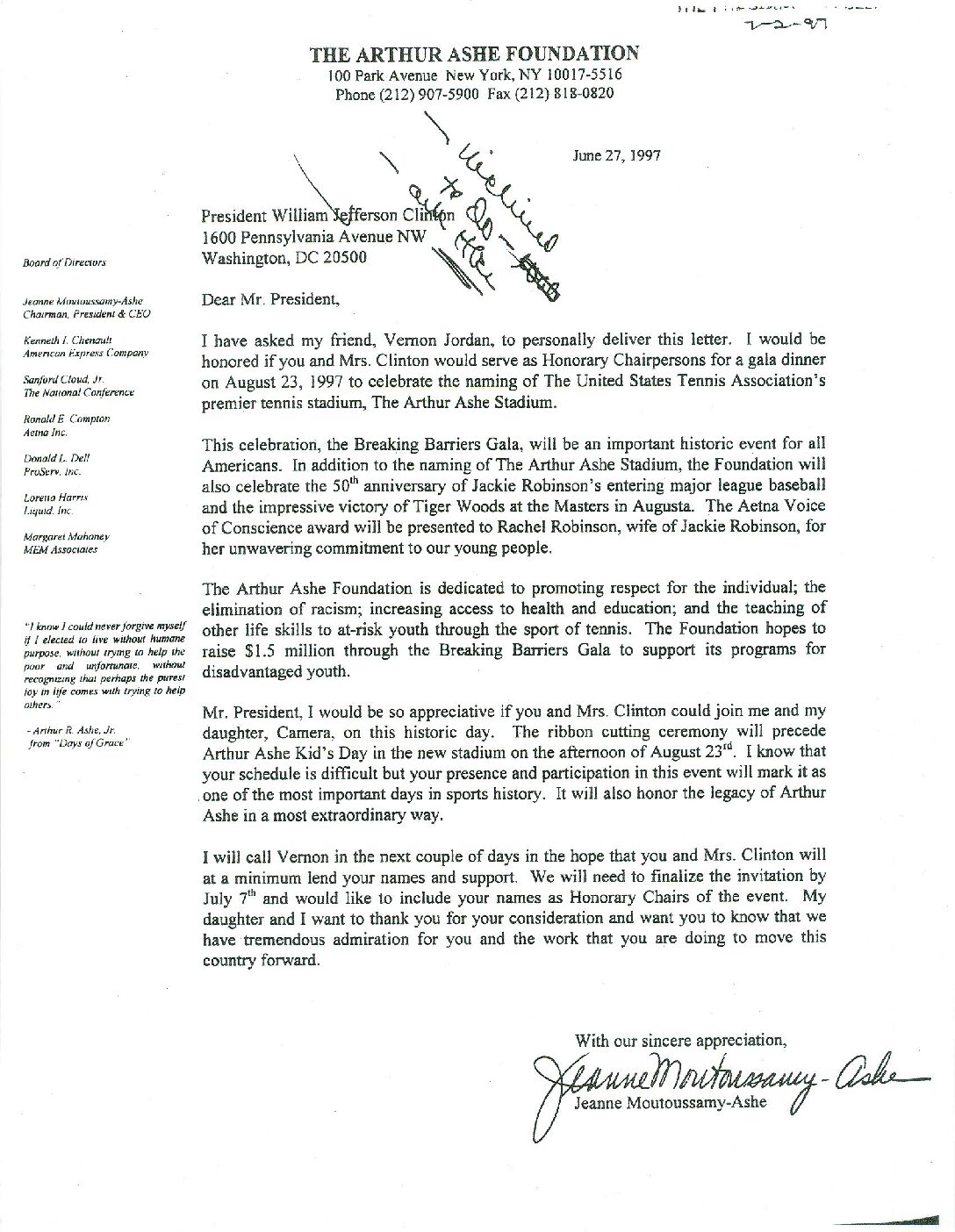 Jeanne Moutoussamy-Ashe to President Clinton re: National Tennis Association