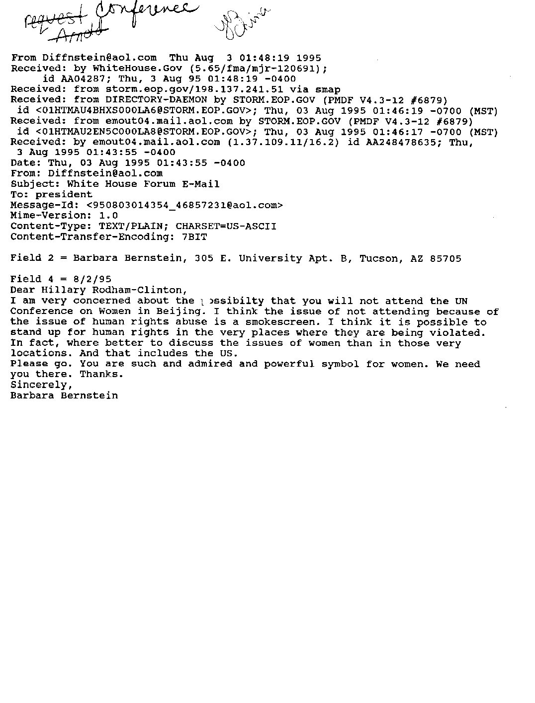 Barbara Bernstein to First Lady Hillary Clinton re: Attendance at the United Nations Fourth World Conference on Women