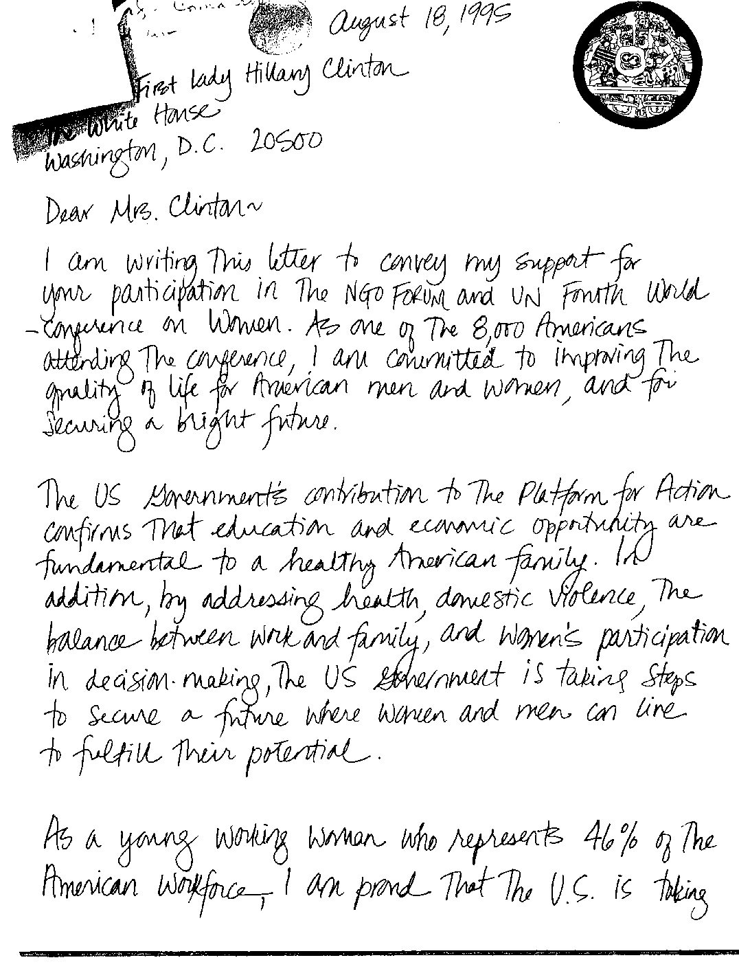 Sira Berte to First Lady Hillary Rodham Clinton re: United Nations Fourth World Conference on Women