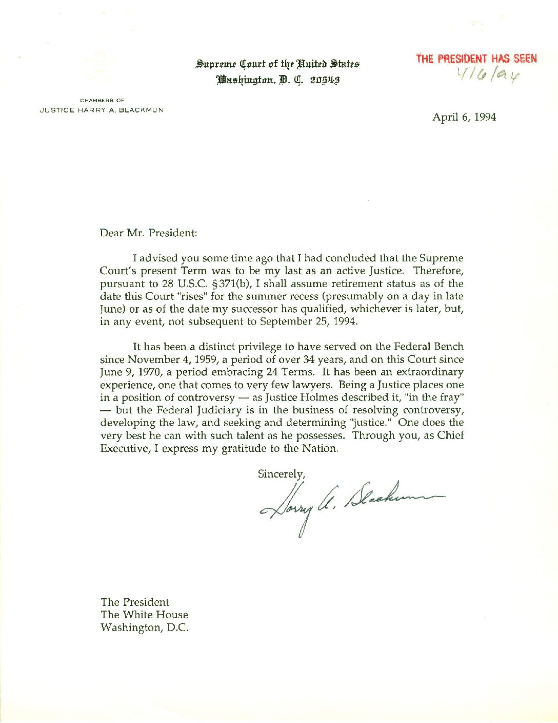 Harry Blackmun to President Clinton re: Resignation from Supreme Court