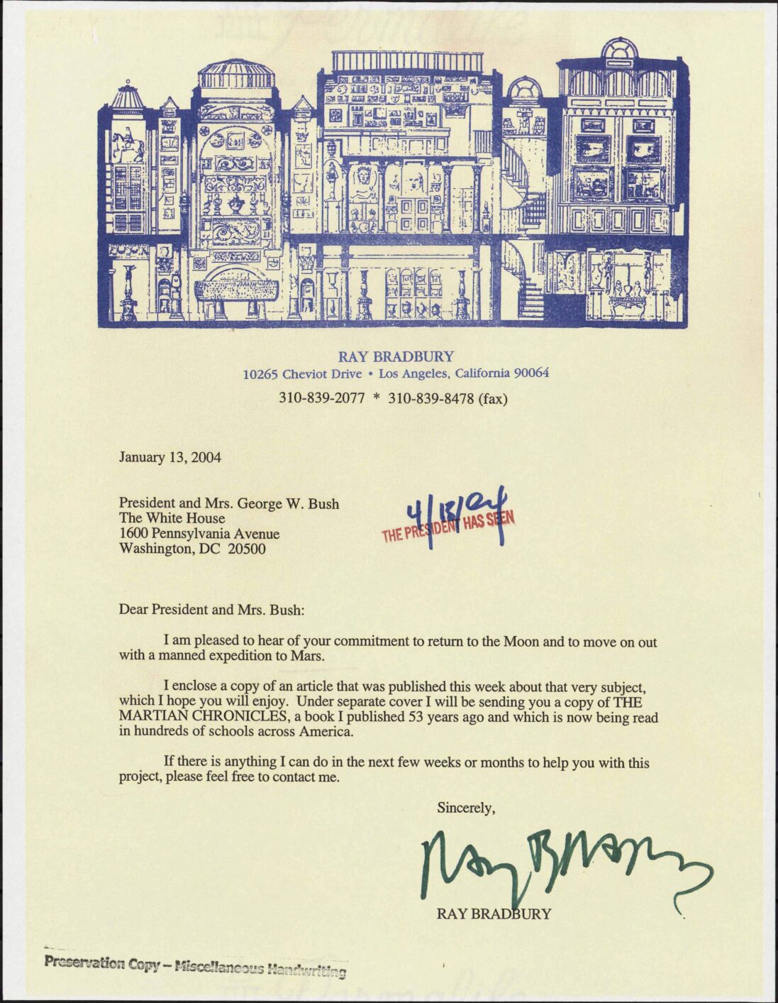 Letter to President George W. Bush from Ray Bradbury