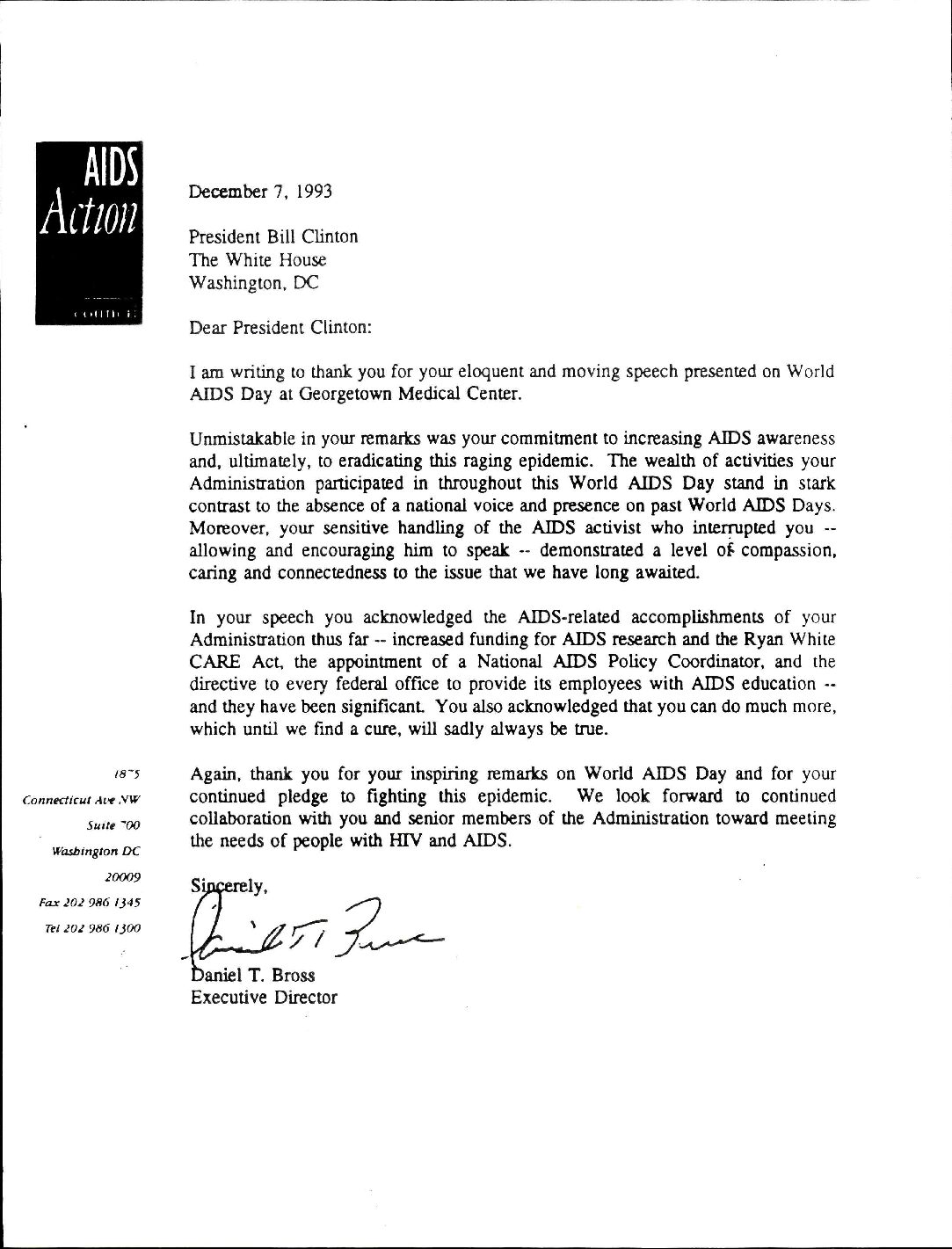 Daniel Bross to President Clinton re: World AIDS Day Speech