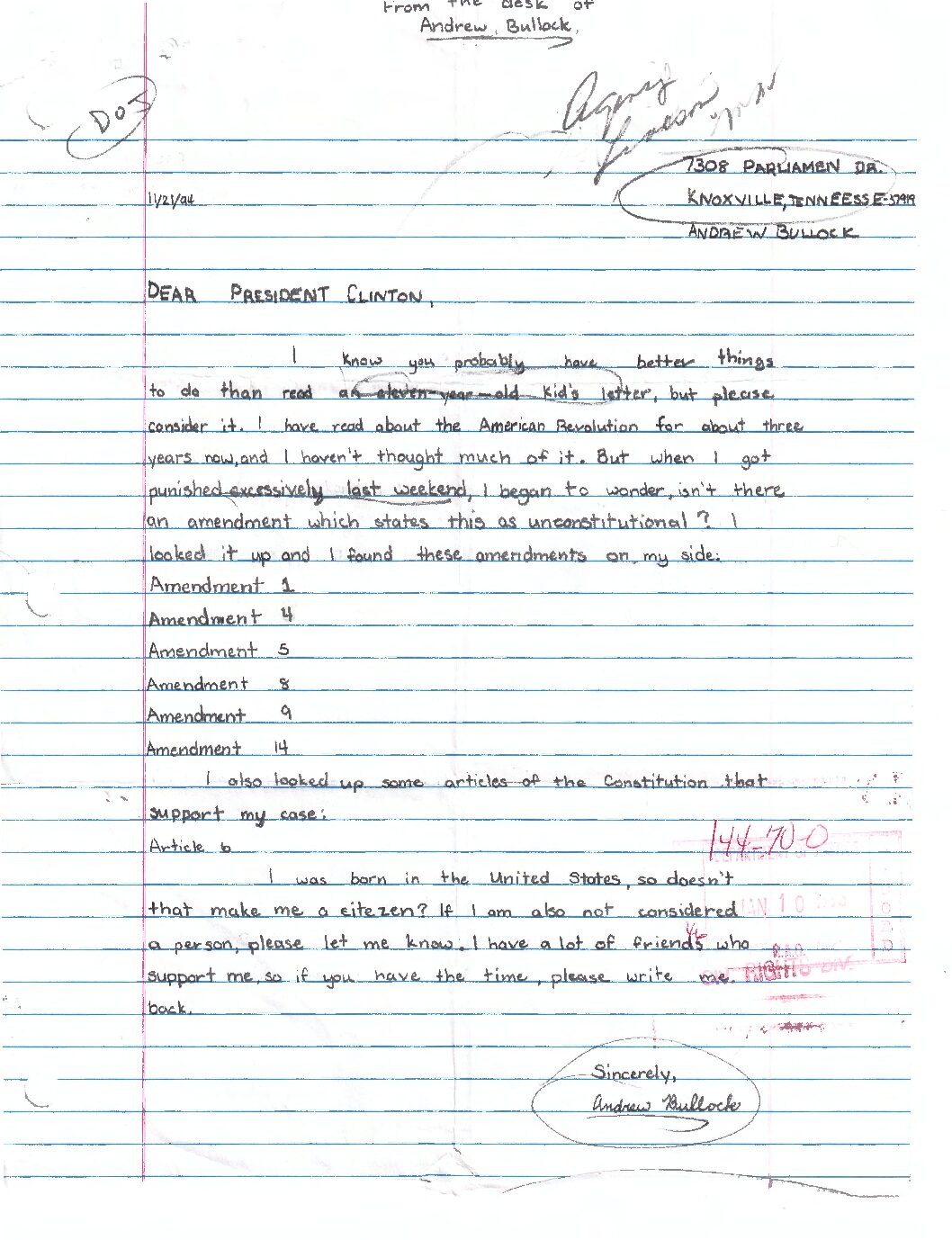 Andrew Bullock to President Clinton re: Excessive Punishment