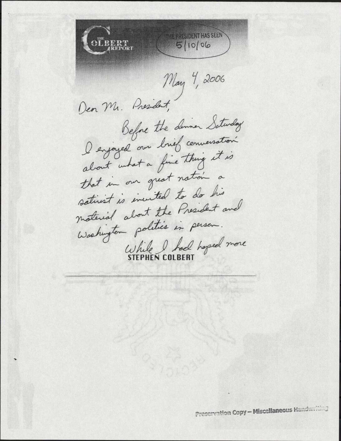 Letter to President George W. Bush from Stephen Colbert
