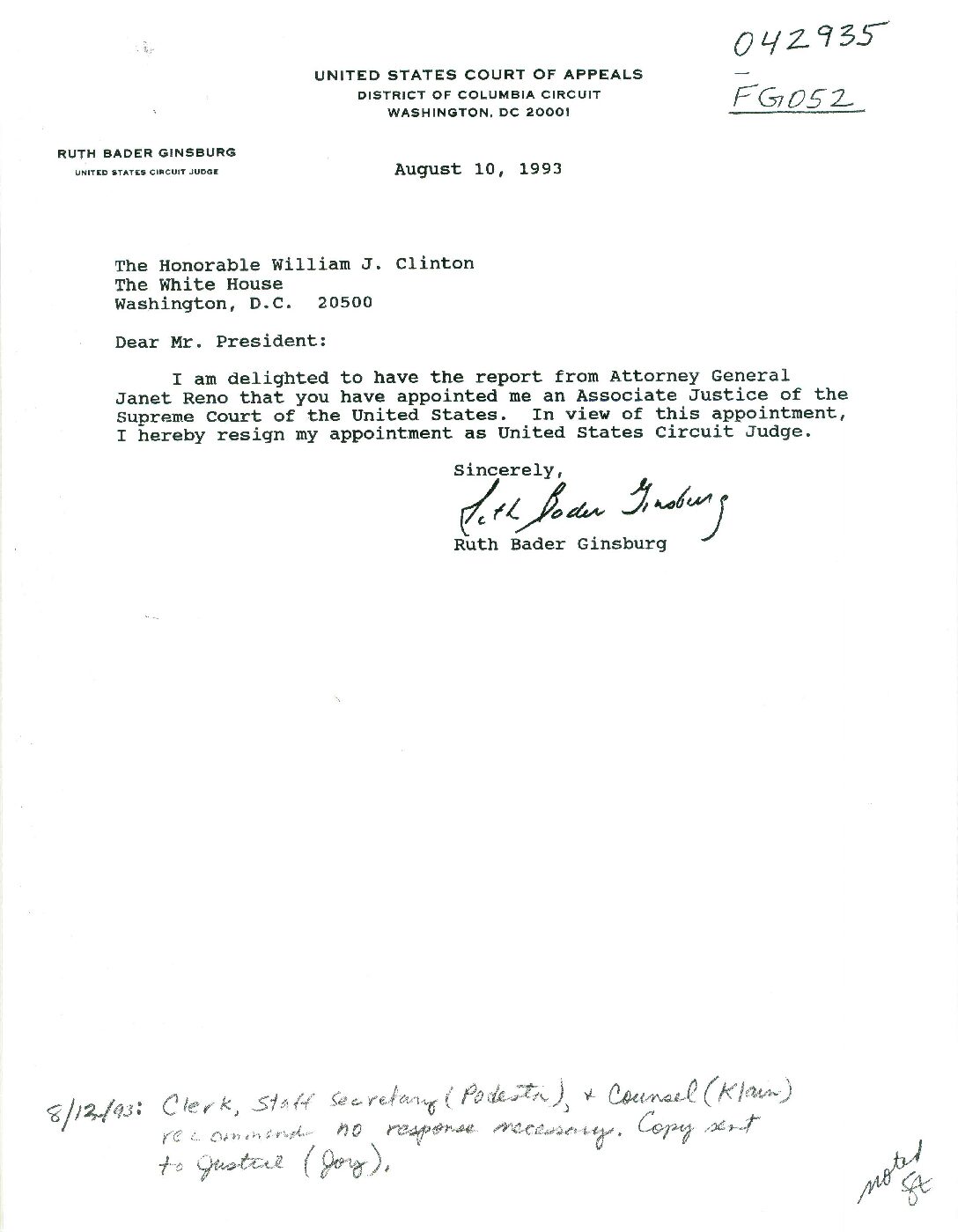 Ruth Bader Ginsburg to President Clinton re: Resignation from Circuit Court