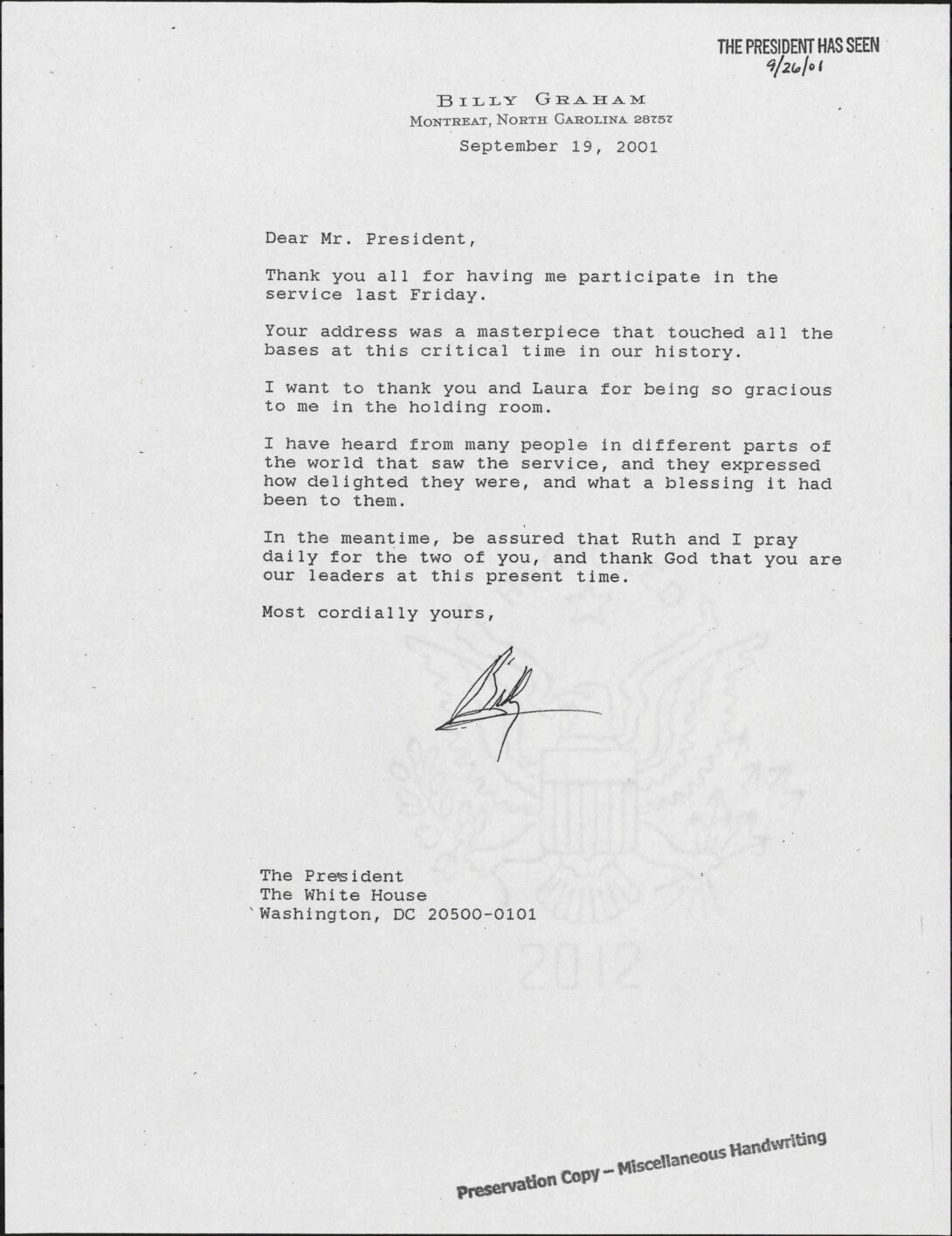 Letter to President George W. Bush from the Reverend Billy Graham