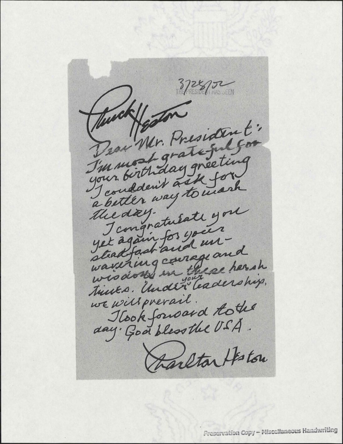 Handwritten Note to President George W. Bush from Charlton Heston