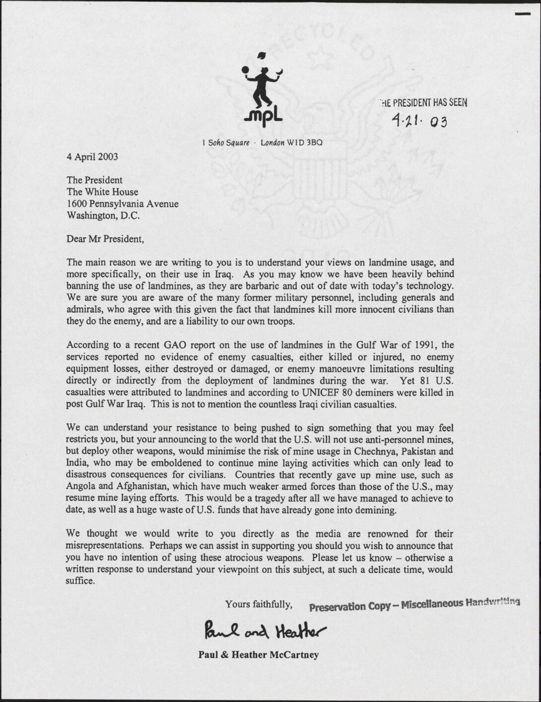 Letter to President George W. Bush from Paul and Heather McCartney