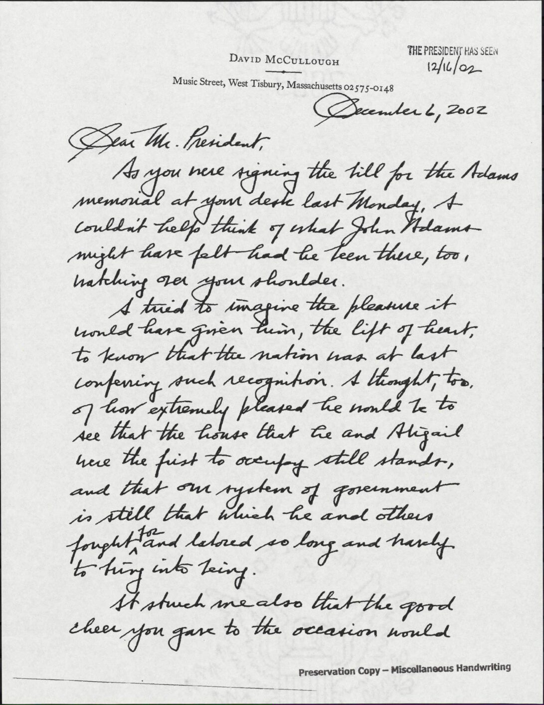 Letter to President George W. Bush from David McCullough