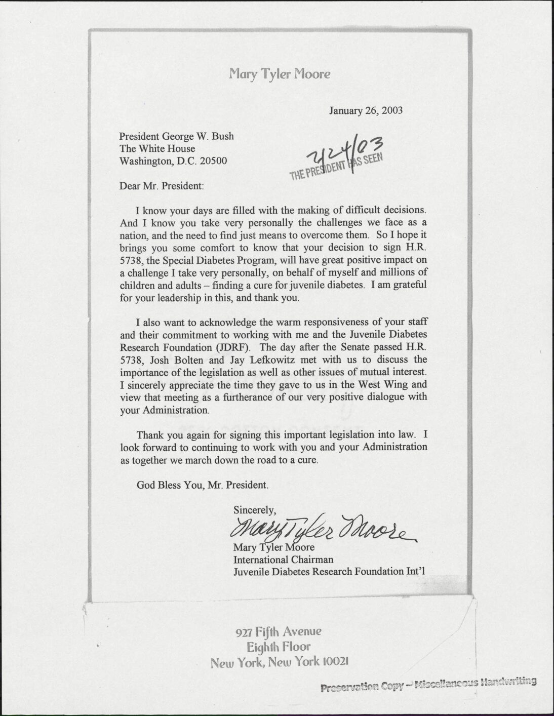 Letter to President George W. Bush from Mary Tyler Moore