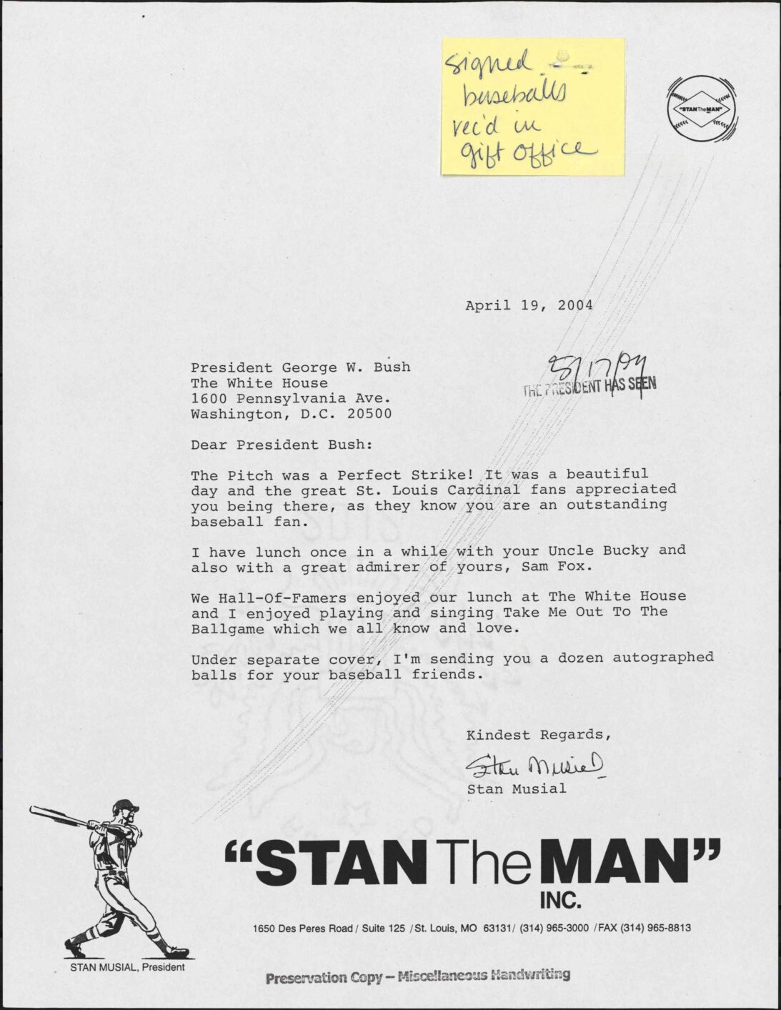 Letter to President George W. Bush from Stan Musial