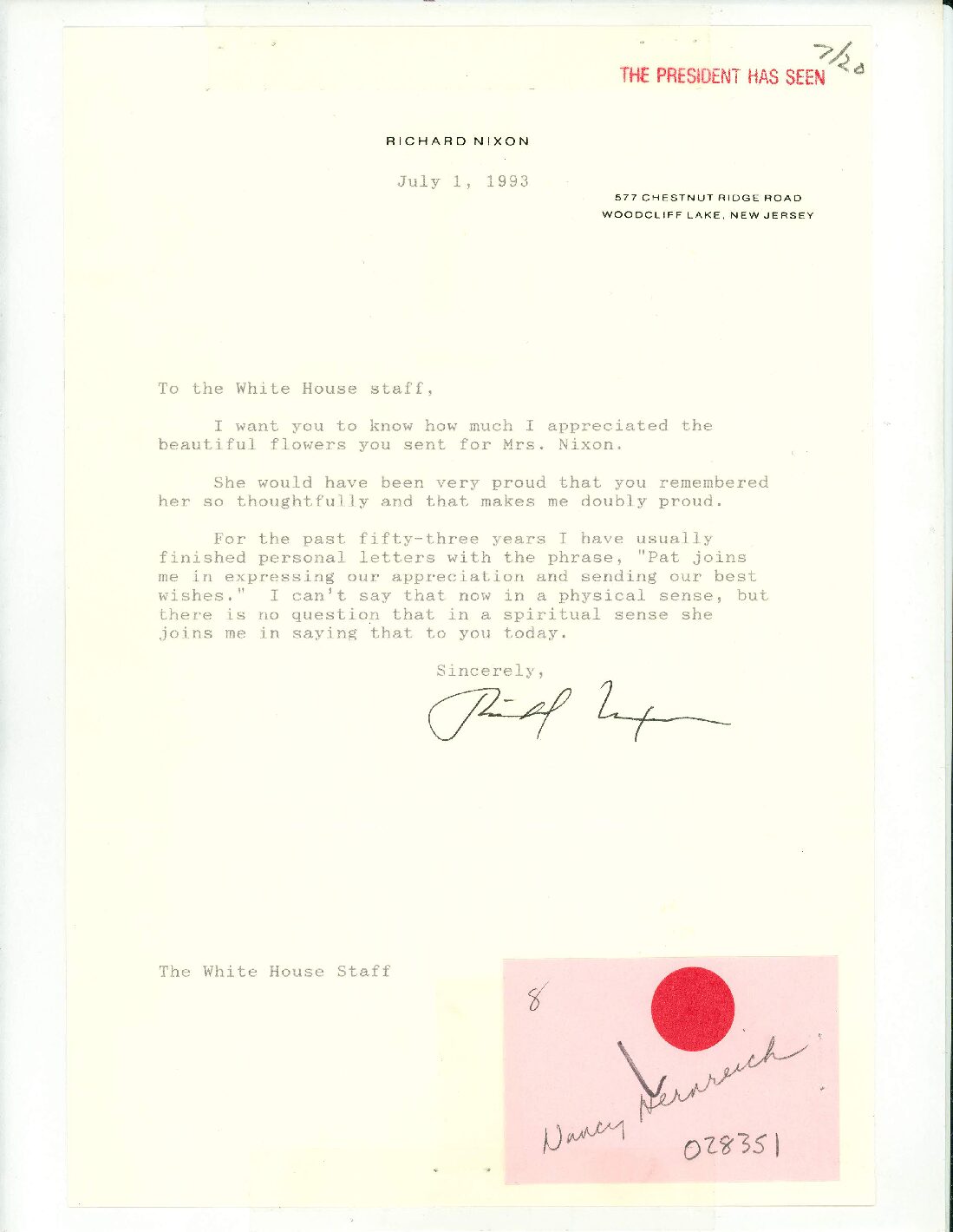 President Richard Nixon to the White House Staff re:death of Pat Nixon