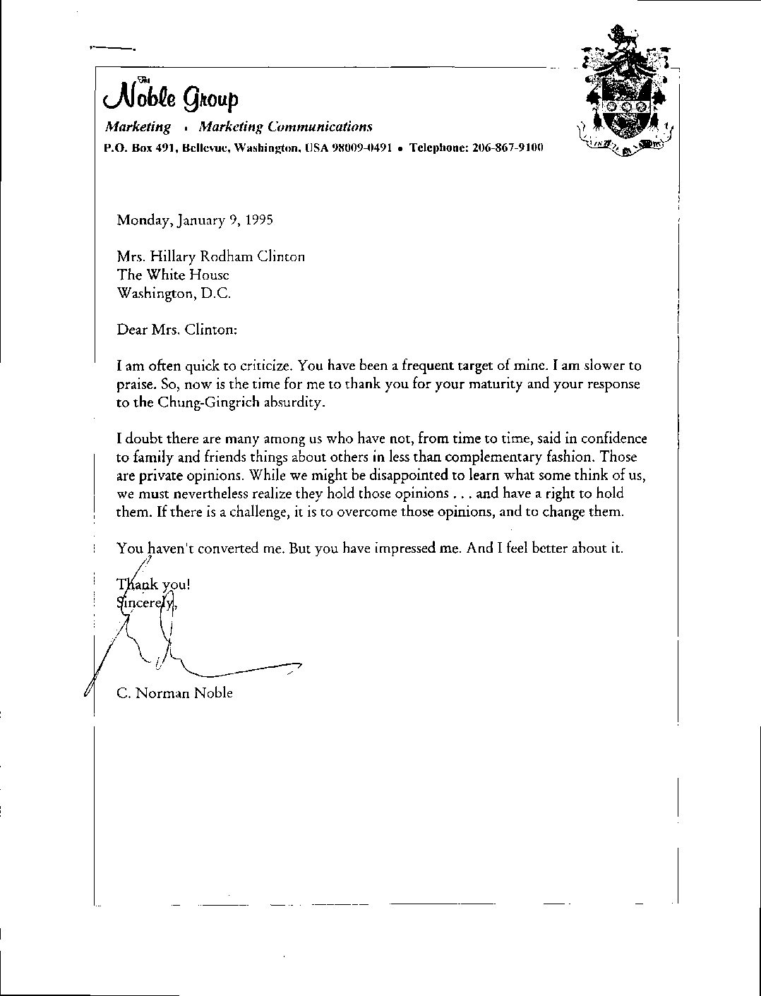 C. Norman Noble to First Lady Hillary Clinton re: Newt Gingrich