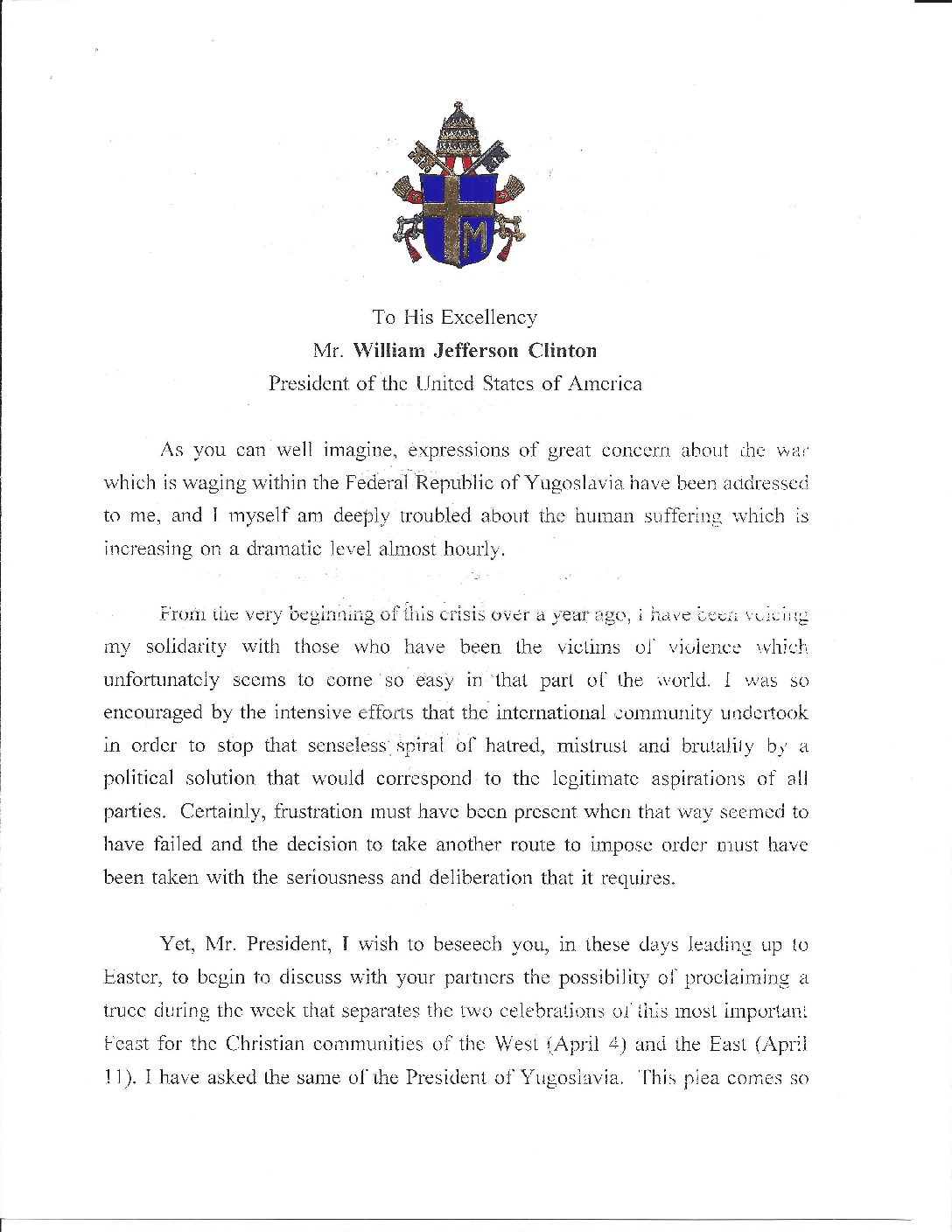 Pope John Paul II to President Clinton re: War in Yugoslavia
