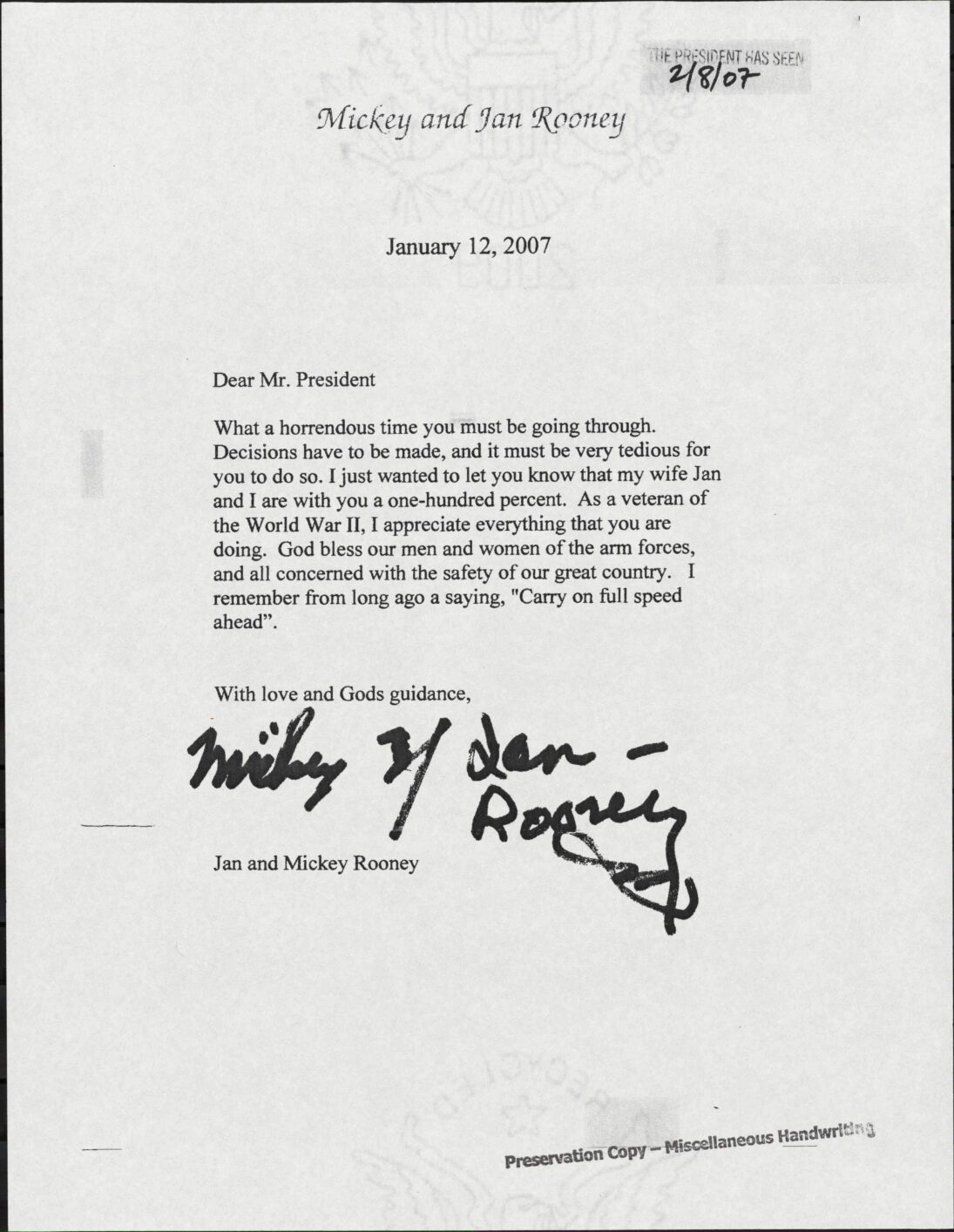 Letter to President George W. Bush from Mickey and Jan Rooney