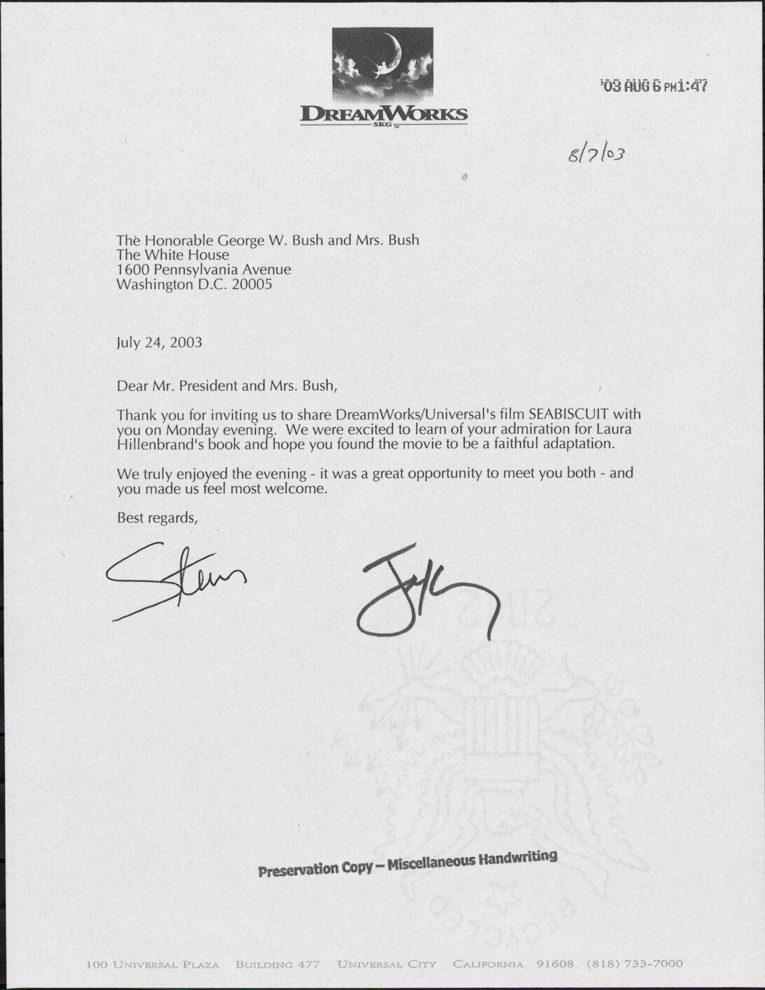 Letter to President George W. Bush and First Lady Laura Bush from Steven Spielberg and Jeffrey Katzenberg