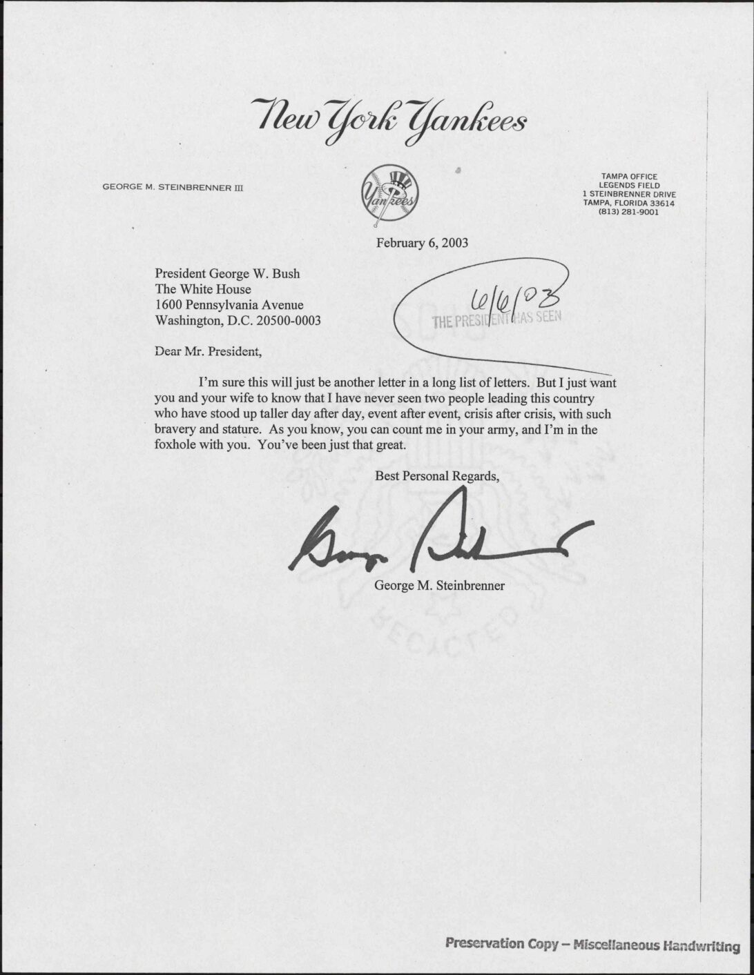 Letter to President George W. Bush from George Steinbrenner III