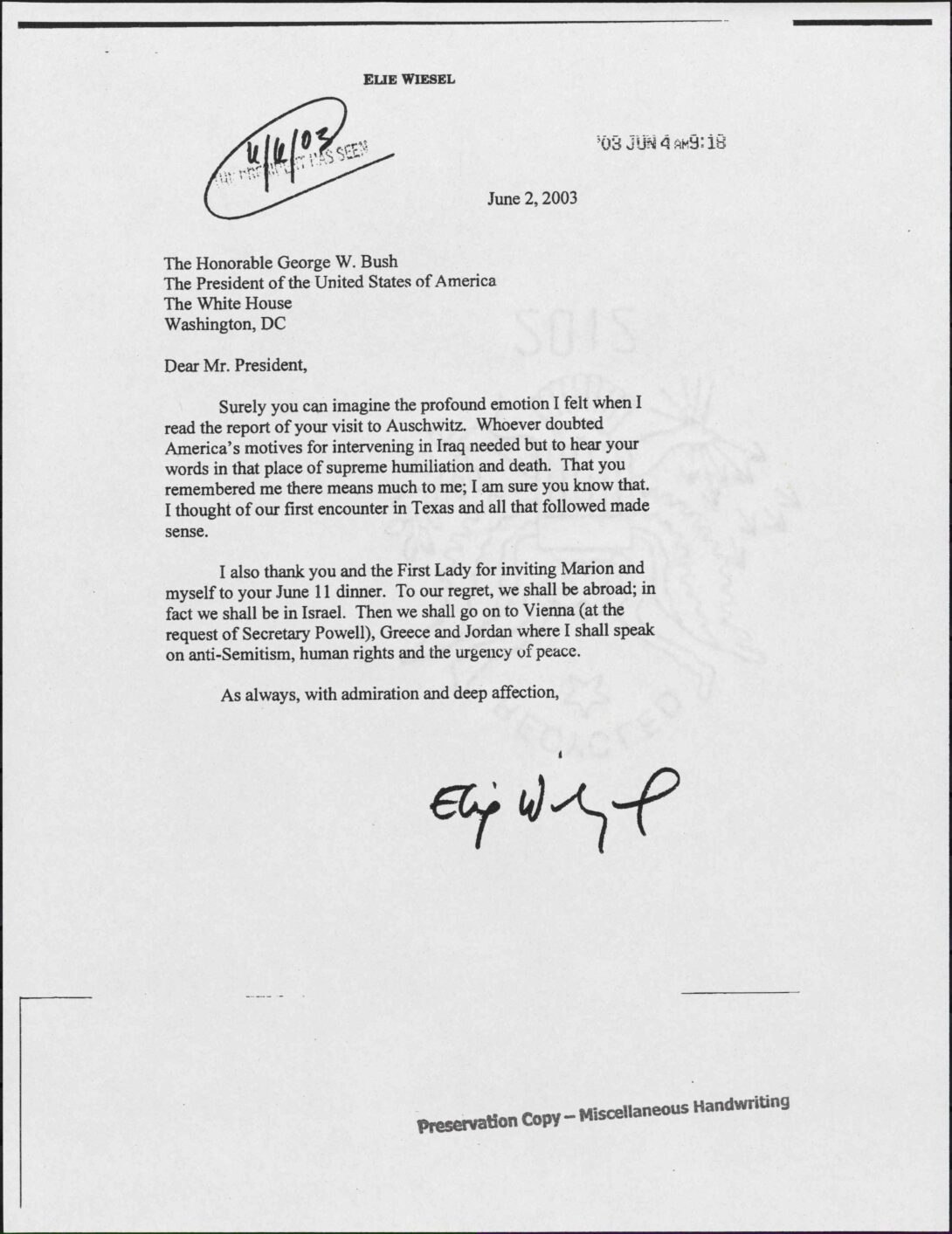 Letter to President George W. Bush from Elie Wiesel
