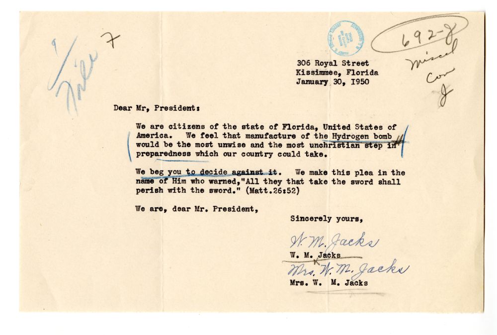 Letter from Mr. and Mrs. W. M. Jacks to President Harry S. Truman