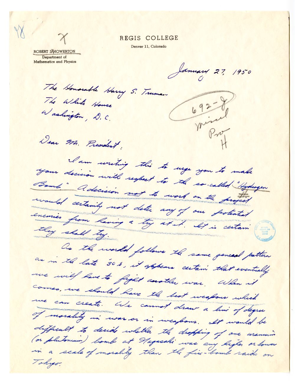 Letter from Robert Howerton to President Harry S. Truman