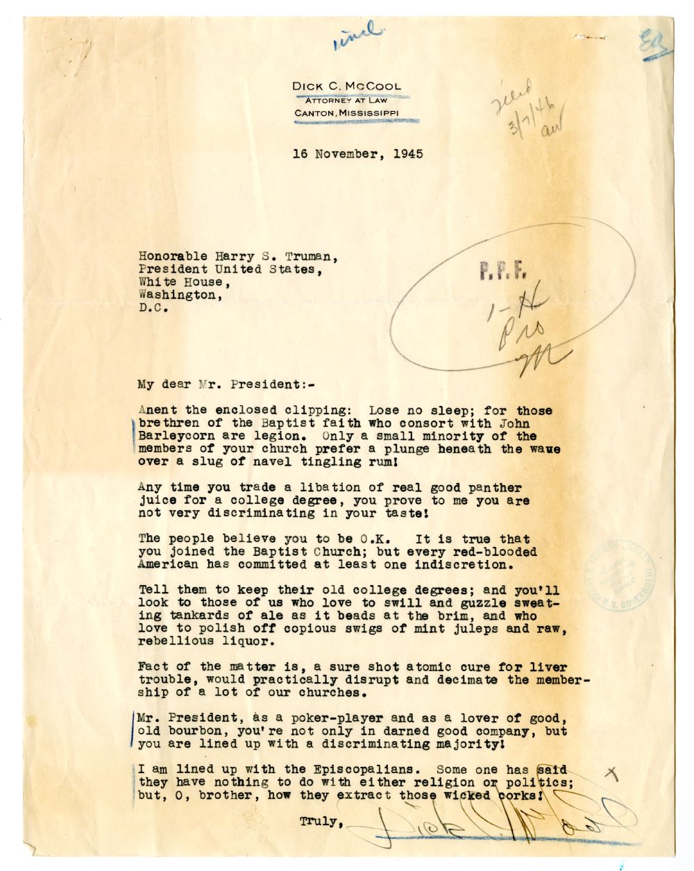 Letter from Dick McCool to President Harry S. Truman with Attached Newspaper Clipping