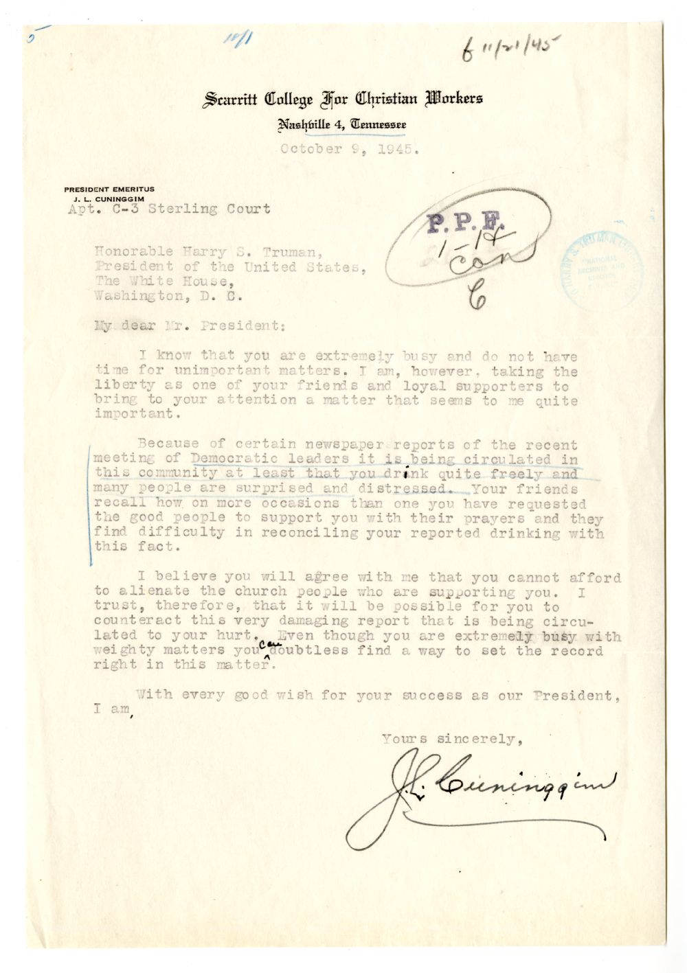 Letter from J. L. Cunningham to President Harry S. Truman