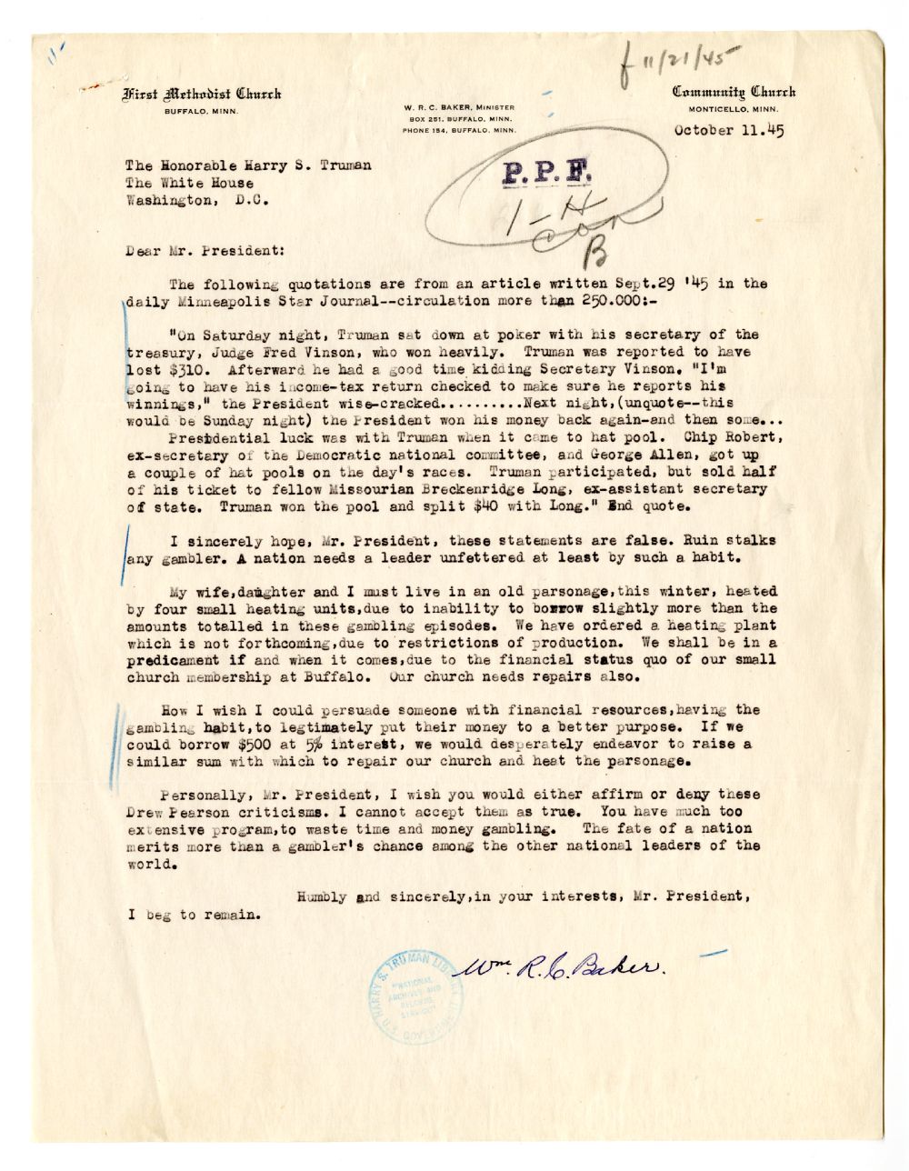 Letter from William R. C. Baker to President Harry S. Truman